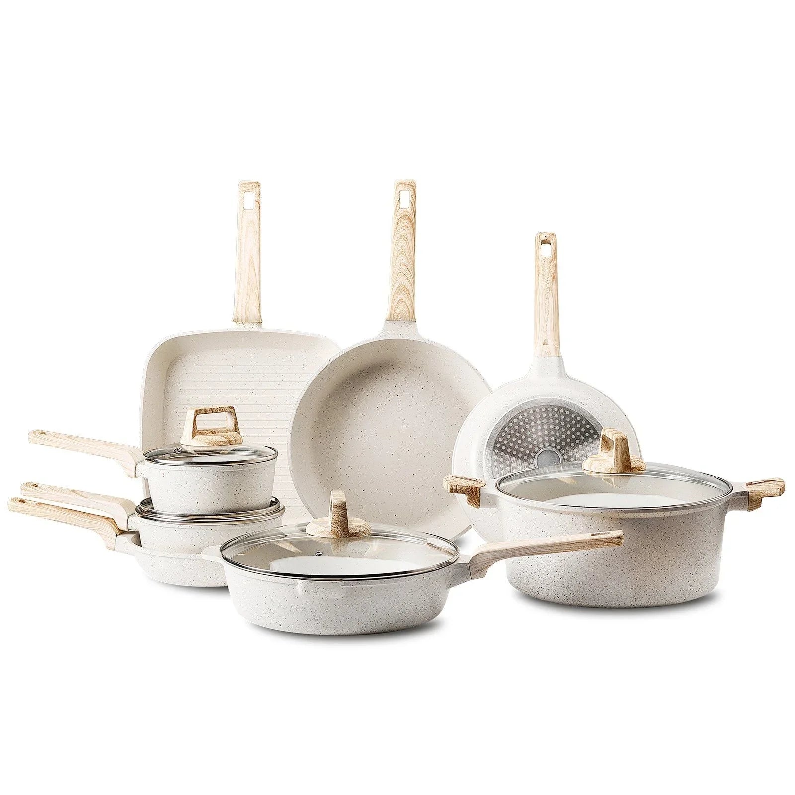 19 Piece Pots and Pans Set Nonstick, Granite Cookware Set, Induction Cookwares, Kitchen RV Cooking Sets with Frying, Sauce, Saute, Tempered Glass Lids, and Pan Protectors, White