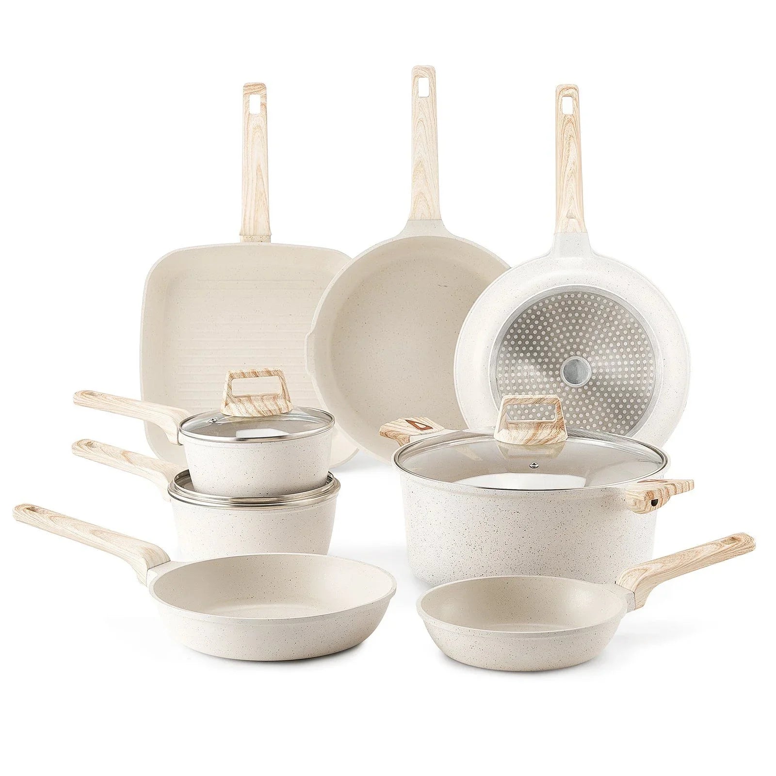 19 Piece Pots and Pans Set Nonstick, Granite Cookware Set, Induction Cookwares, Kitchen RV Cooking Sets with Frying, Sauce, Saute, Tempered Glass Lids, and Pan Protectors, White