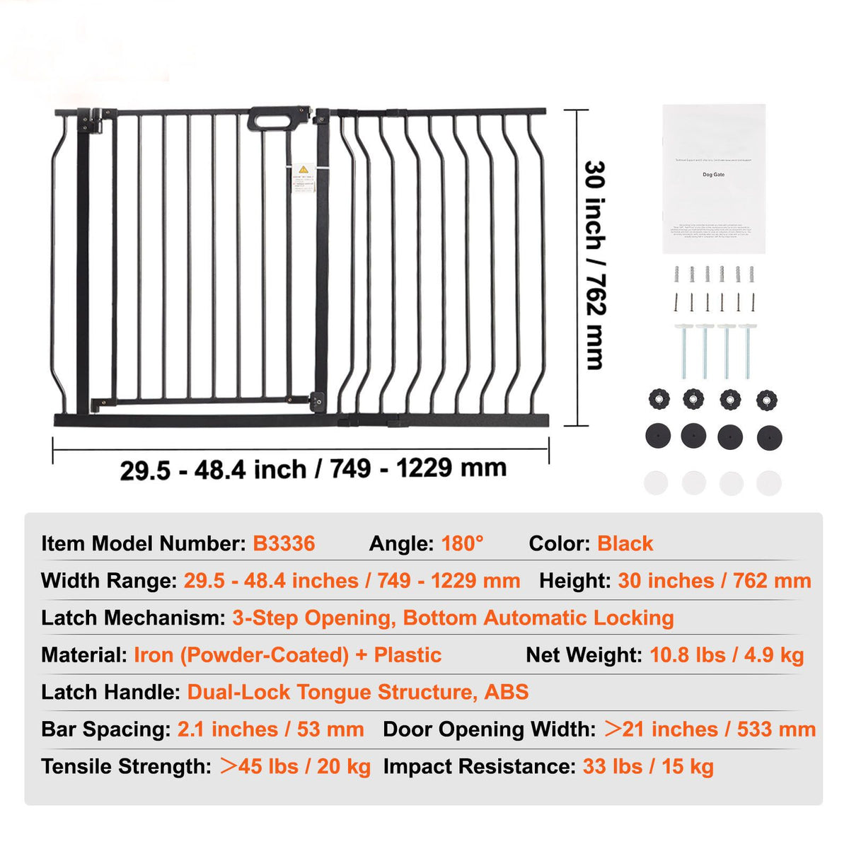 Extra Wide Baby Gate 749-1229mm Auto Close Pet Safety Gate for Stairs