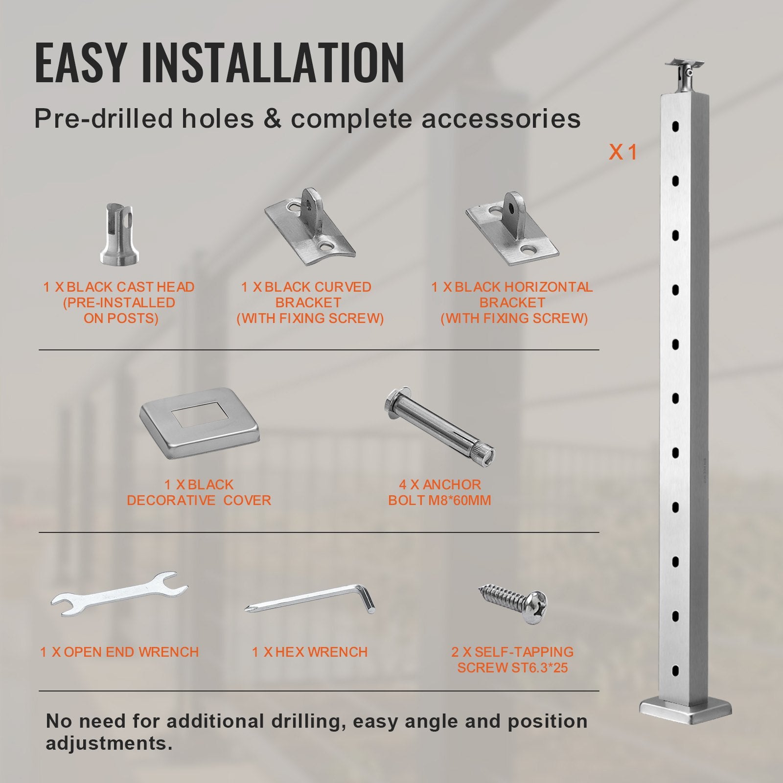 Cable Railing Post Level Deck Stair Post 36 x 0.98 x 1.97