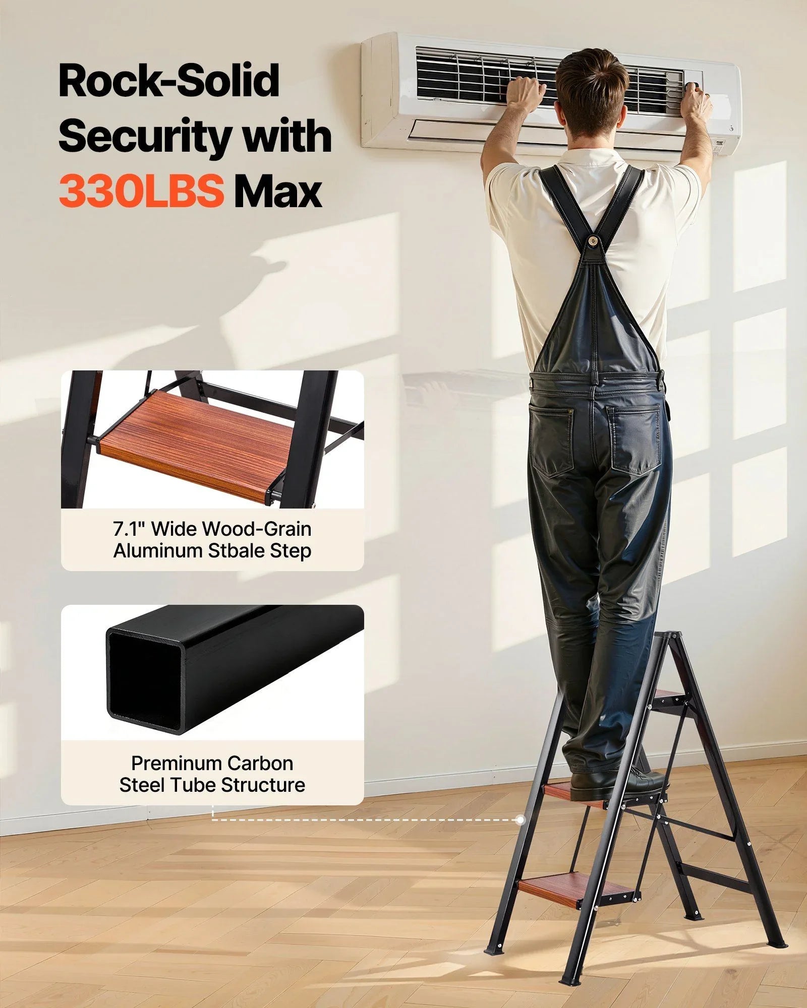 3 Step Ladder, Folding Step Stool with Wide Anti-Slip Pedal and Comfort Handgrip, Lightweight 150 kg Capacity Portable Aluminum Plant Support, Multi-Use for Adults, Home Repairing, Cleaning