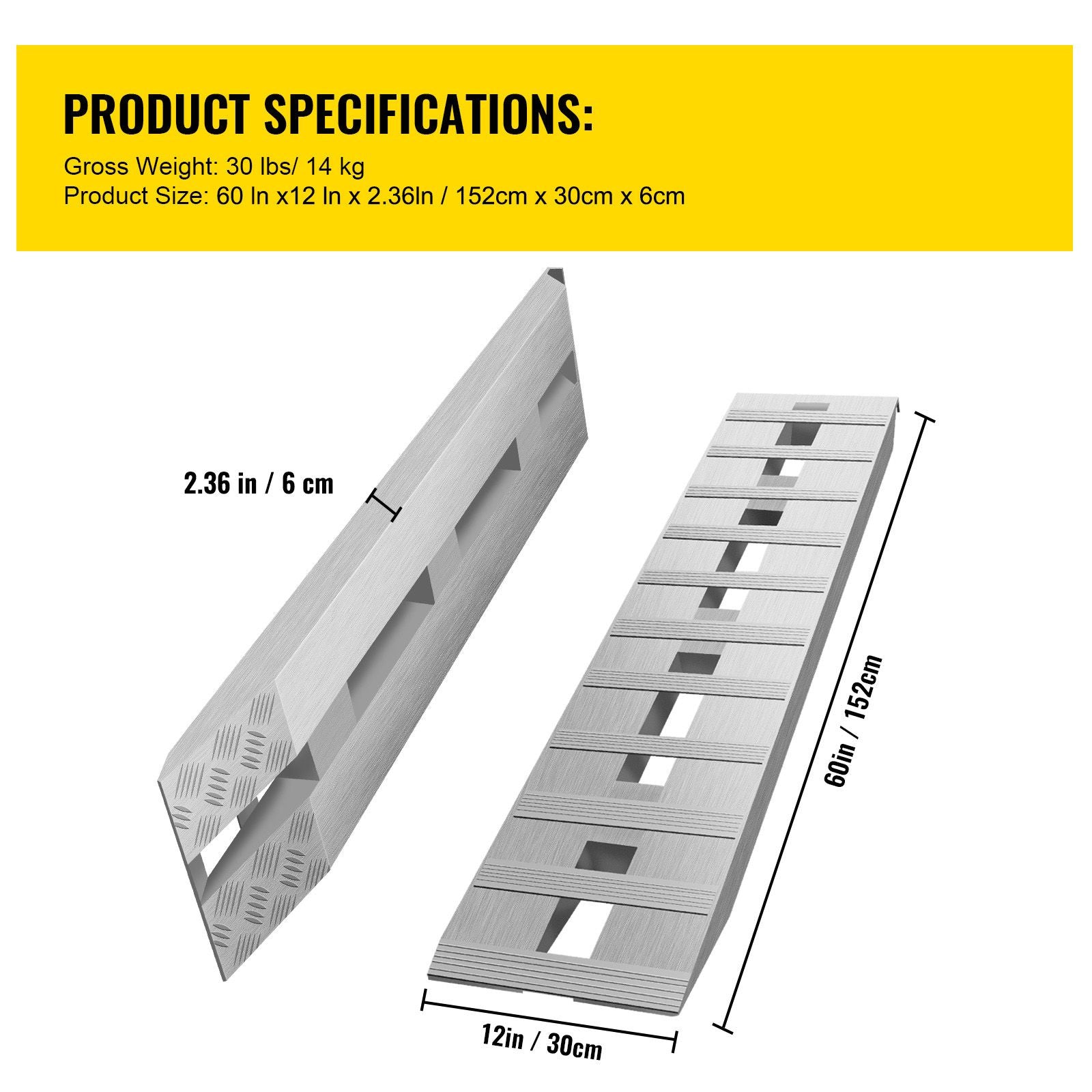 60' X 12' X 2.5'Aluminum Trailer Ramps 6000LBS Total Beavertail Hook End 1 Pair 2 Ramps