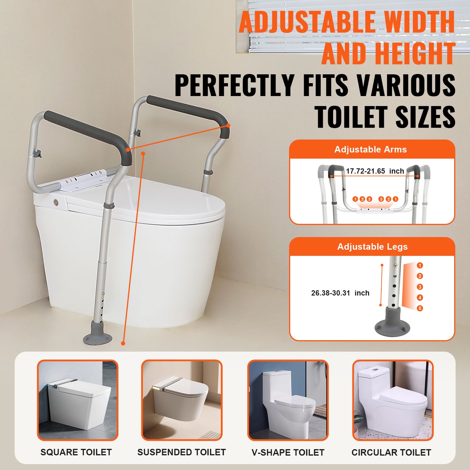 Toilet Safety Rail, Bathroom Toilet Seat Frame, Adjustable Width & Height Fit Most Toilets, Supports 136 kg, Toilet Handles Grab Bars with Padded Armrests for Handicap, Disabled, Seniors