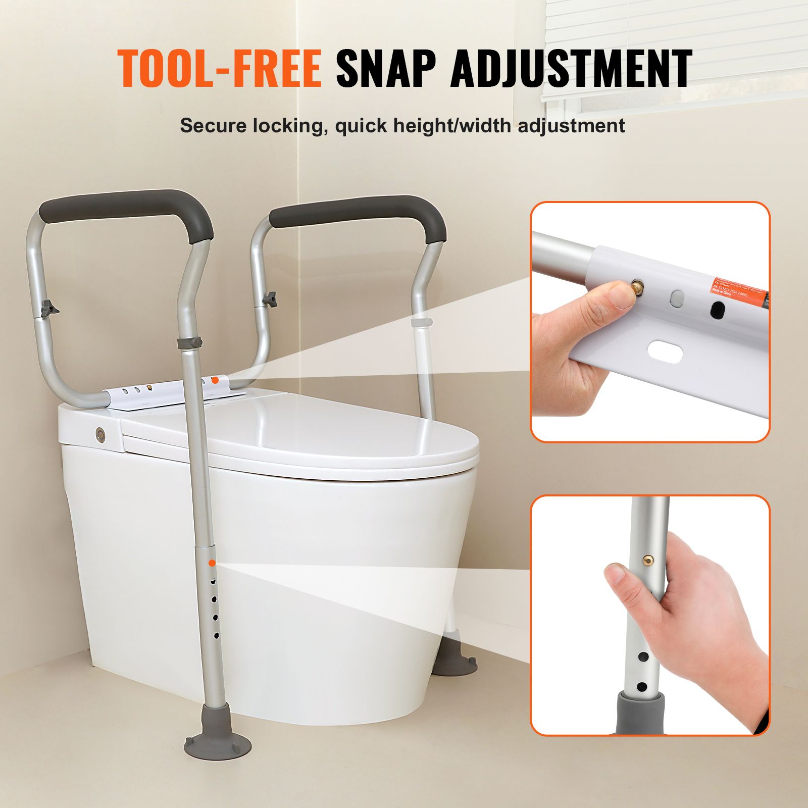 Toilet Safety Rail, Bathroom Toilet Seat Frame, Adjustable Width & Height Fit Most Toilets, Supports 136 kg, Toilet Handles Grab Bars with Padded Armrests for Handicap, Disabled, Seniors