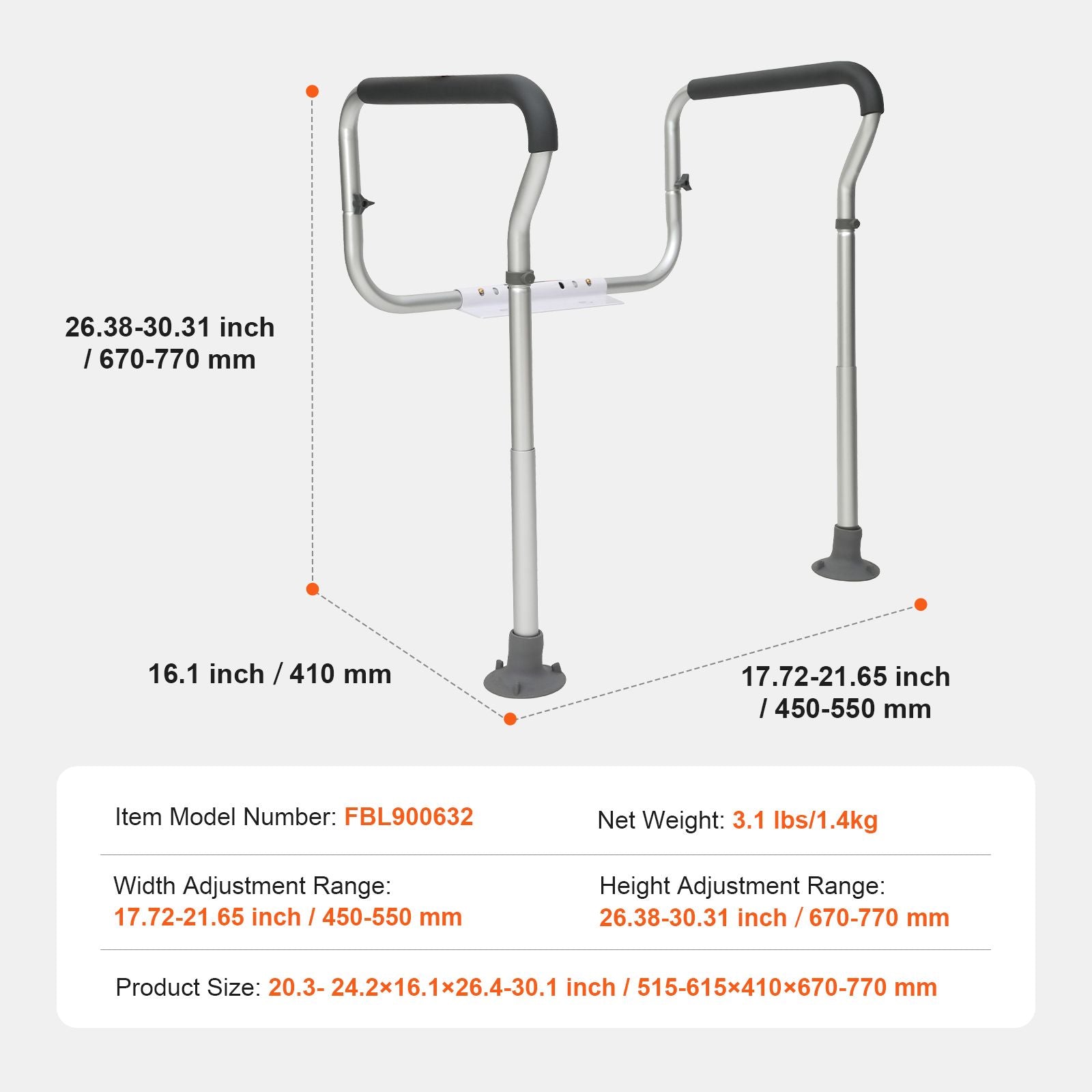 Toilet Safety Rail, Bathroom Toilet Seat Frame, Adjustable Width & Height Fit Most Toilets, Supports 136 kg, Toilet Handles Grab Bars with Padded Armrests for Handicap, Disabled, Seniors