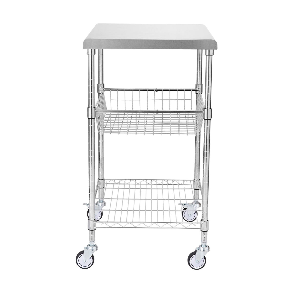 Kitchen Utility Cart, 3 Tiers, Wire Rolling Cart with 213kg Capacity, Steel Service Cart on Wheels, Metal Storage Trolley with 76mm Basket Curved Handle PP Liner 6 Hooks, for Indoor and Outdoor