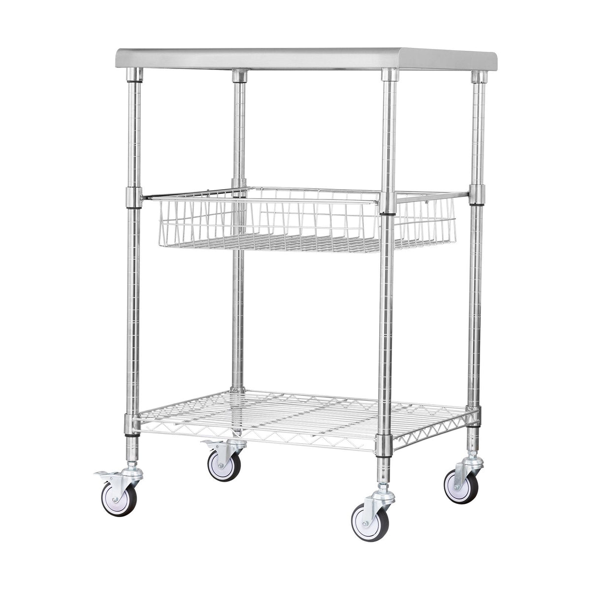 Kitchen Utility Cart, 3 Tiers, Wire Rolling Cart with 213kg Capacity, Steel Service Cart on Wheels, Metal Storage Trolley with 76mm Basket Curved Handle PP Liner 6 Hooks, for Indoor and Outdoor