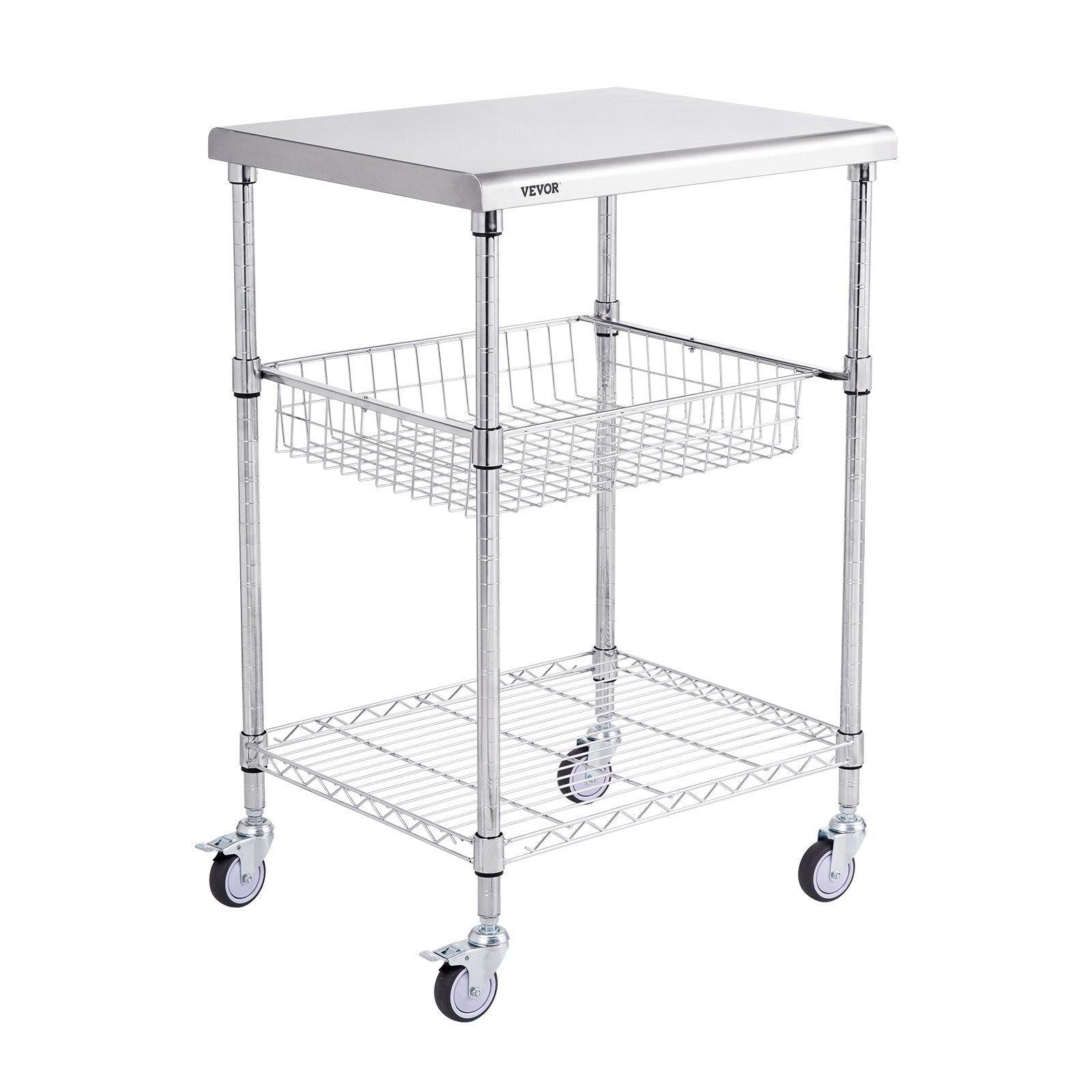 Kitchen Utility Cart, 3 Tiers, Wire Rolling Cart with 213kg Capacity, Steel Service Cart on Wheels, Metal Storage Trolley with 76mm Basket Curved Handle PP Liner 6 Hooks, for Indoor and Outdoor