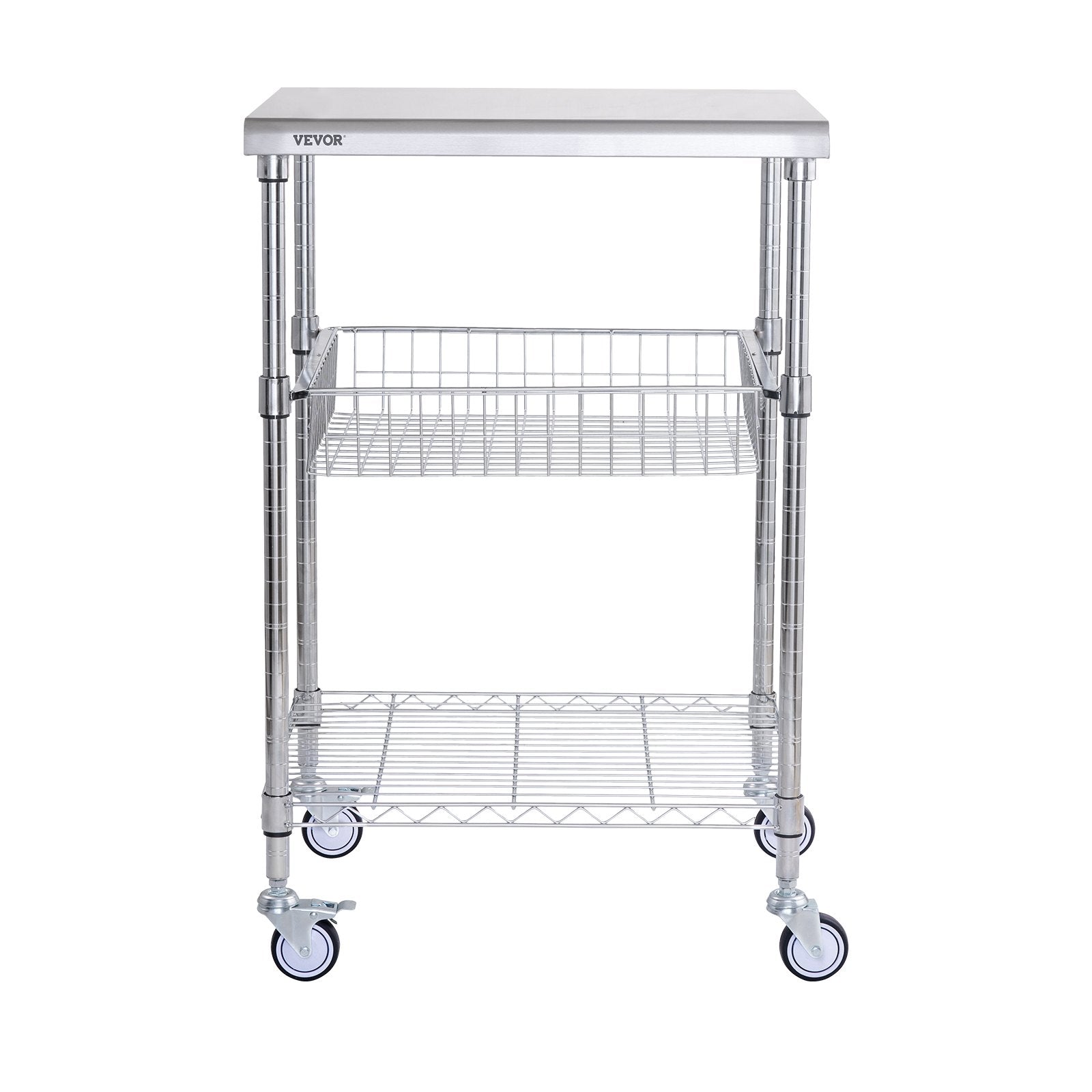 Kitchen Utility Cart, 3 Tiers, Wire Rolling Cart with 213kg Capacity, Steel Service Cart on Wheels, Metal Storage Trolley with 76mm Basket Curved Handle PP Liner 6 Hooks, for Indoor and Outdoor
