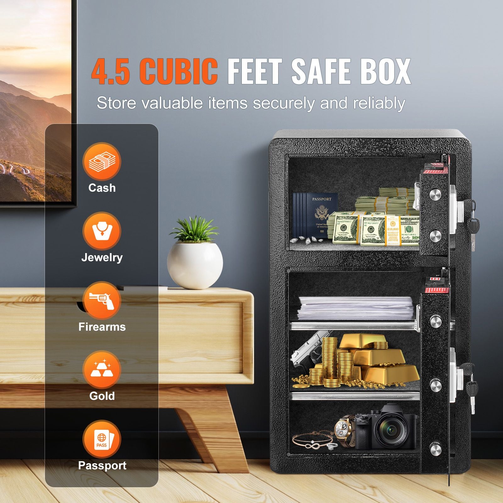 Double Doors 4.5 cu.ft Safe Box with Key Lock & Password, Safe Lock Box with Fireproof Bag, Key Rack, LED Light and 2 Height Adjustable and Removable Divider for Money, Documents, Jewelry and Valuables, Black
