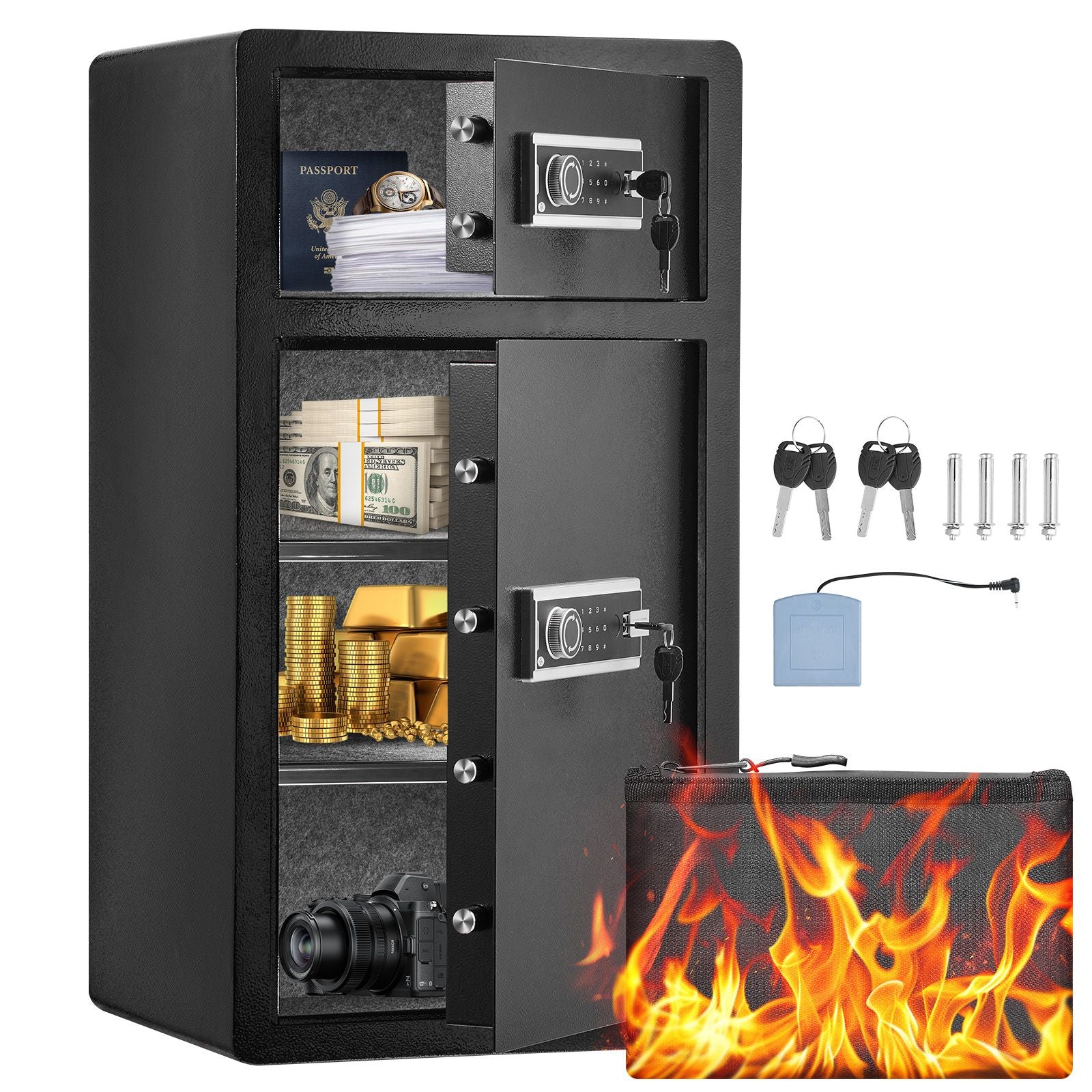 Double Doors 7.2 cu.ft Safe Box with Key Lock & Password, Safe Lock Box with Fireproof Bag, Key Rack, LED Light and 2 Height Adjustable and Removable Divider for Money, Documents, Jewelry and Valuables, Black