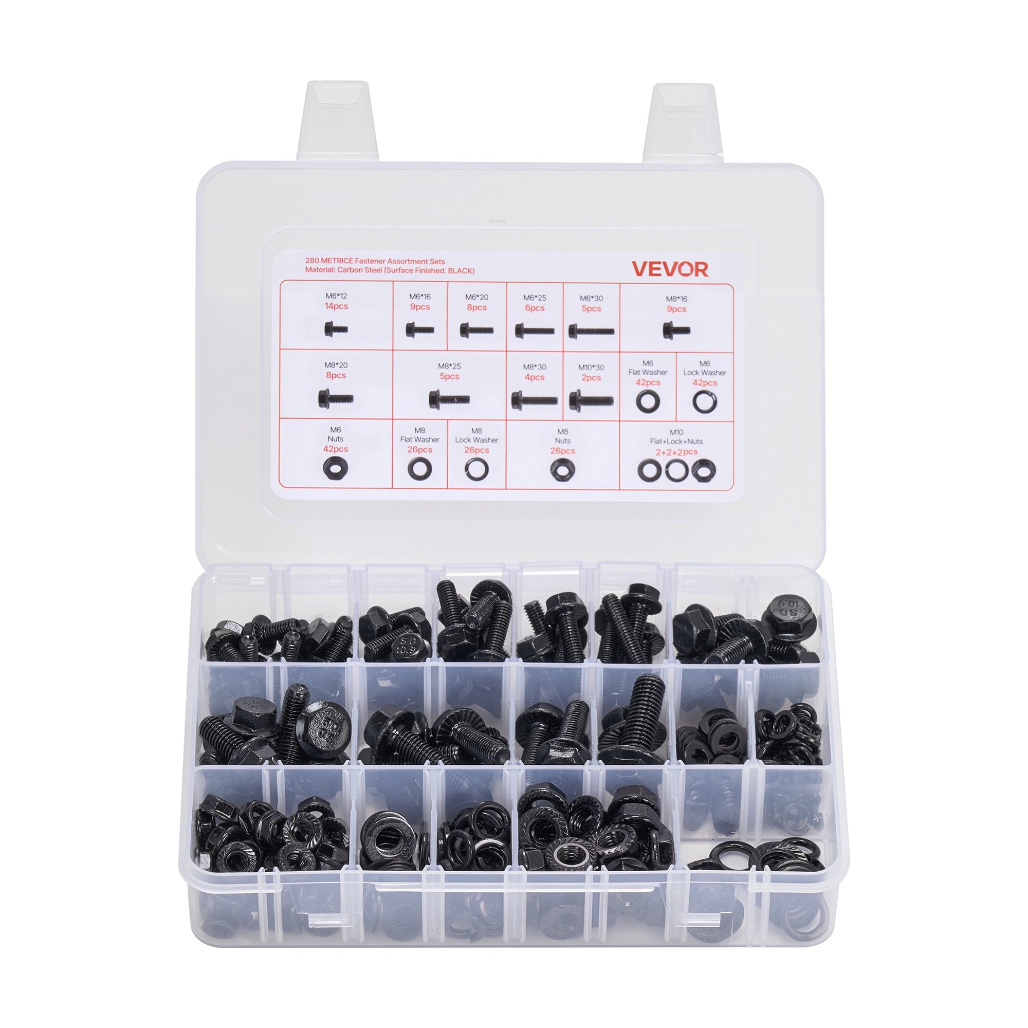 280 Pcs Bolts and Nuts Assortment Kit, Metric Machine Screws and Flat Washers, Alloy Steel M6/M8/M10 Multiple Size, for Furniture / Equipment Assembly, Vehicle Grade 10.9 Black, with Case