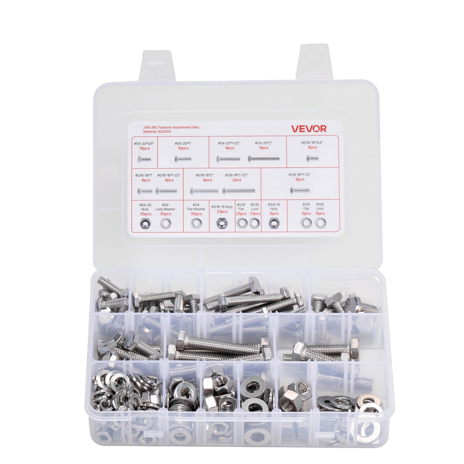 246 Pcs Bolts and Nuts Assortment Kit, Imperial Screws and Flat Washers, Stainless Steel 1/4-20,5/16-18,3/8-16, Spring Lock Washers for Furniture / Equipment /Vehicle Assembly with Case