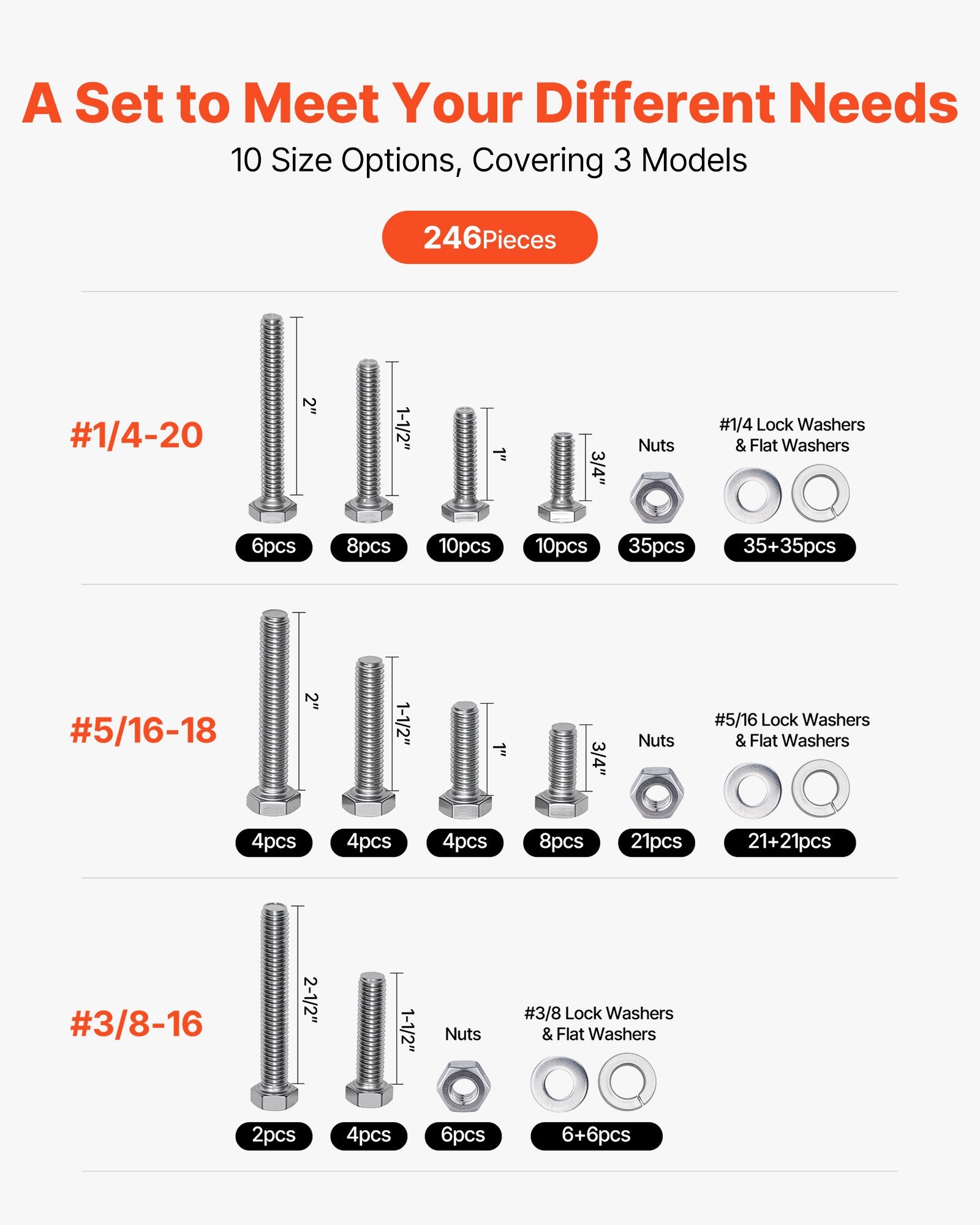246 Pcs Bolts and Nuts Assortment Kit, Imperial Screws and Flat Washers, Stainless Steel 1/4-20,5/16-18,3/8-16, Spring Lock Washers for Furniture / Equipment /Vehicle Assembly with Case