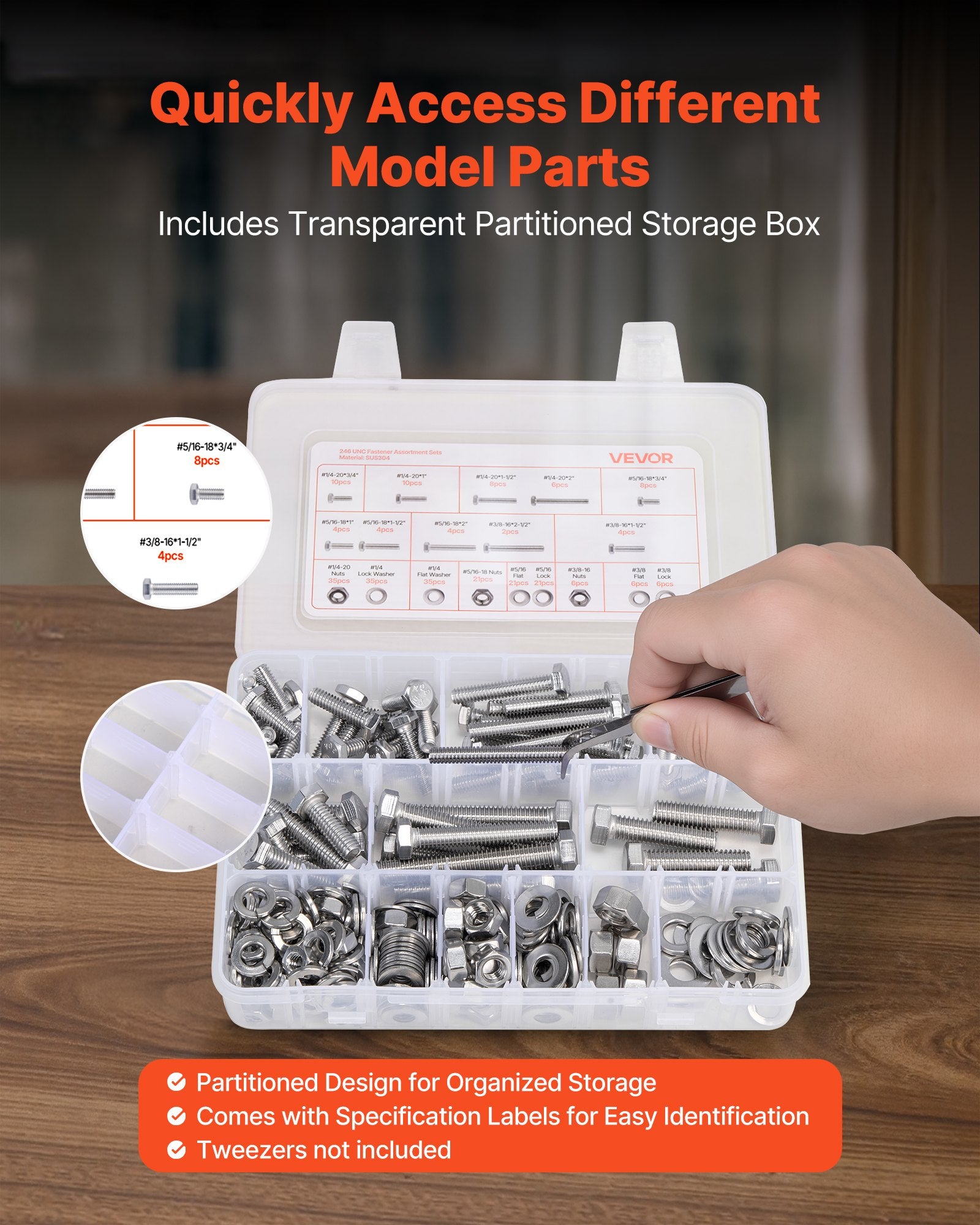 246 Pcs Bolts and Nuts Assortment Kit, Imperial Screws and Flat Washers, Stainless Steel 1/4-20,5/16-18,3/8-16, Spring Lock Washers for Furniture / Equipment /Vehicle Assembly with Case