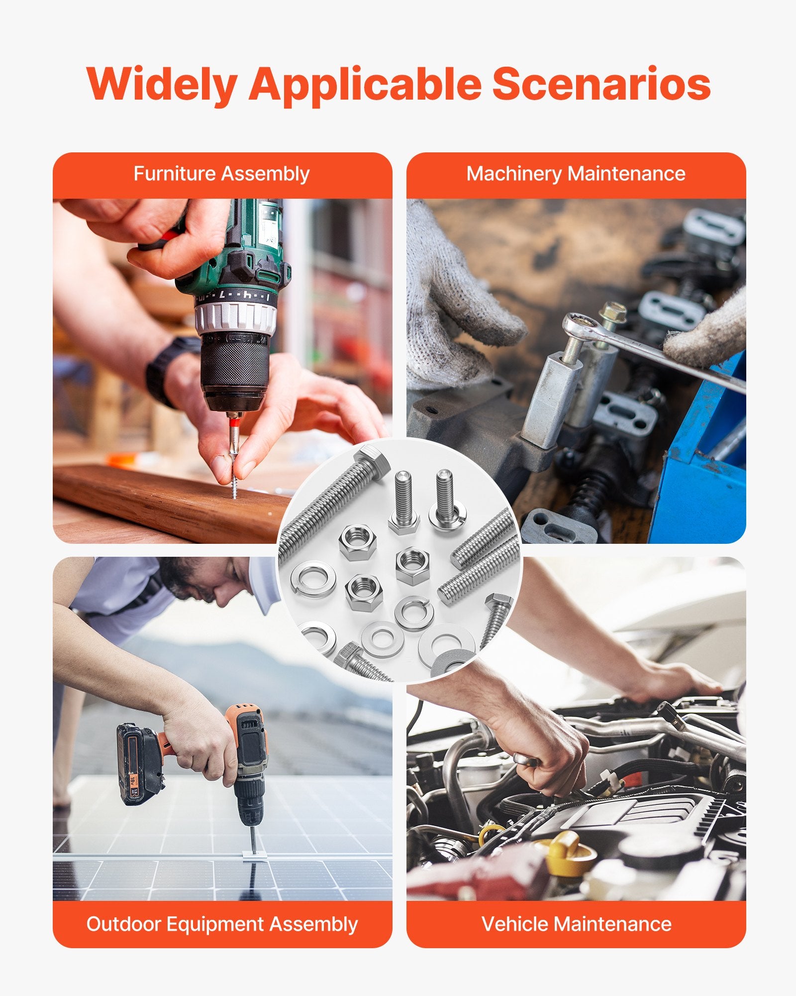 246 Pcs Bolts and Nuts Assortment Kit, Imperial Screws and Flat Washers, Stainless Steel 1/4-20,5/16-18,3/8-16, Spring Lock Washers for Furniture / Equipment /Vehicle Assembly with Case