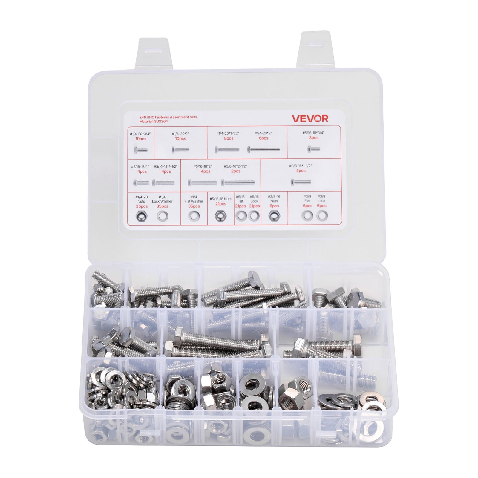 246 Pcs Bolts and Nuts Assortment Kit, Imperial Screws and Flat Washers, Stainless Steel 1/4-20,5/16-18,3/8-16, Spring Lock Washers for Furniture / Equipment /Vehicle Assembly with Case