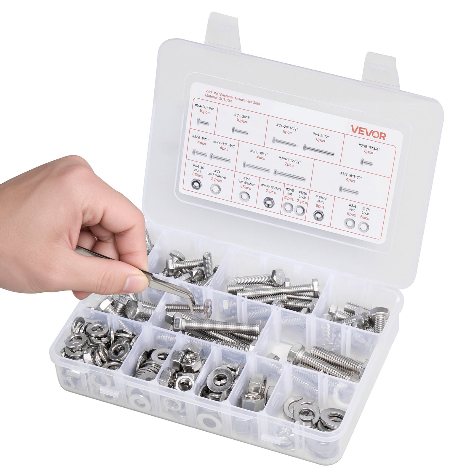 246 Pcs Bolts and Nuts Assortment Kit, Imperial Screws and Flat Washers, Stainless Steel 1/4-20,5/16-18,3/8-16, Spring Lock Washers for Furniture / Equipment /Vehicle Assembly with Case