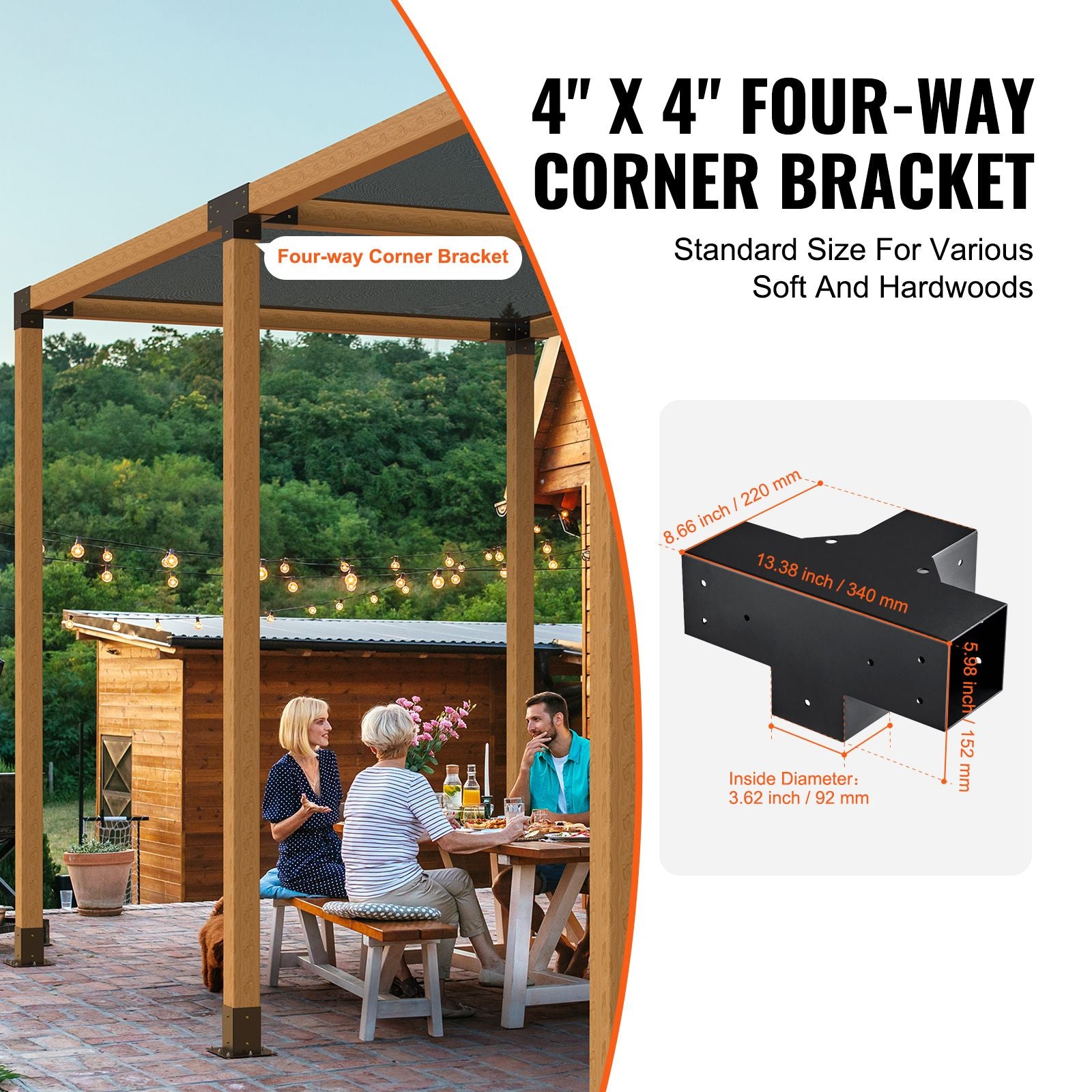 4'×4' Pergola Brackets – Four‑Way Carbon Steel Kit, Powder‑Coated, 2 Pack