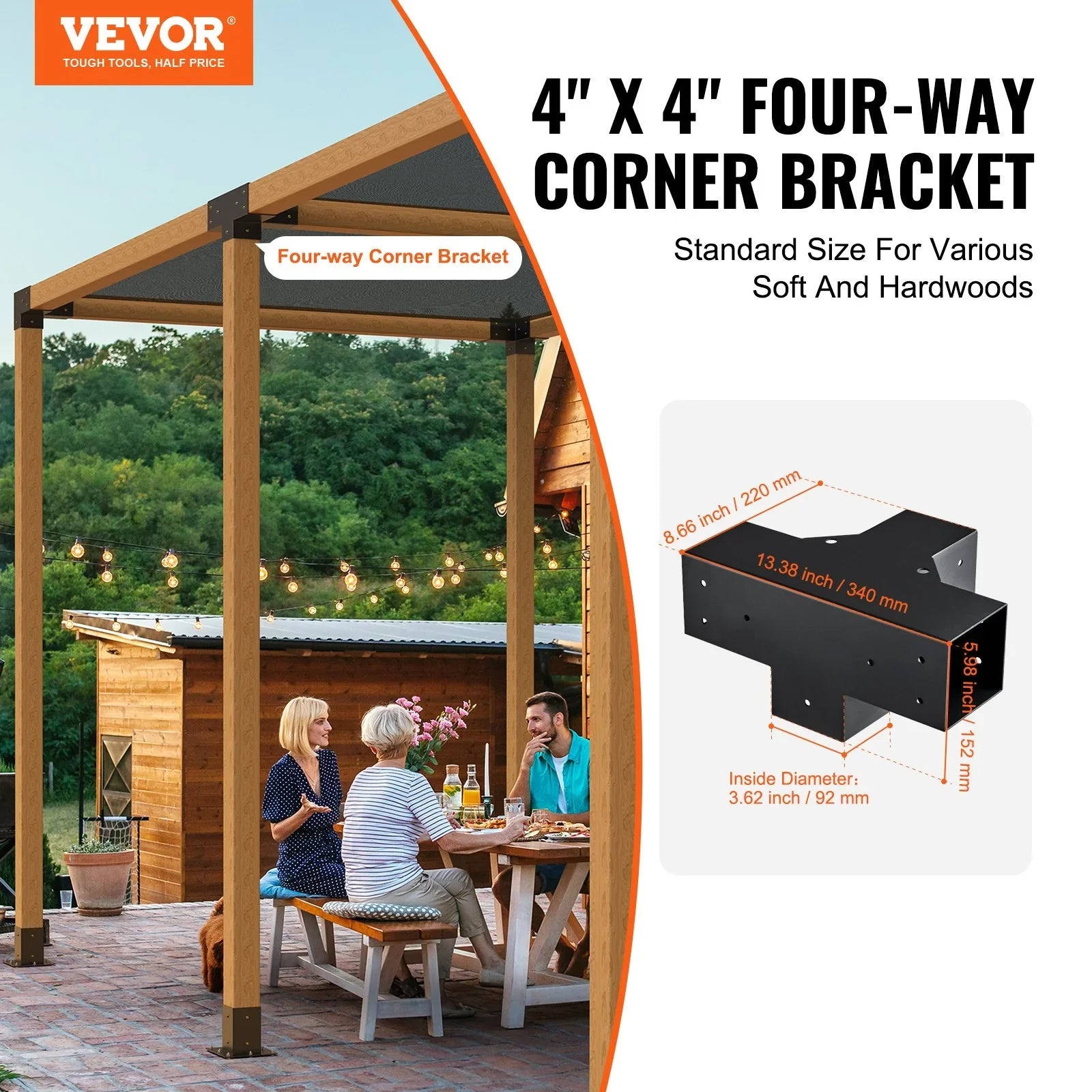 4'×4' Pergola Brackets – Four‑Way Carbon Steel Kit, Powder‑Coated, 2 Pack