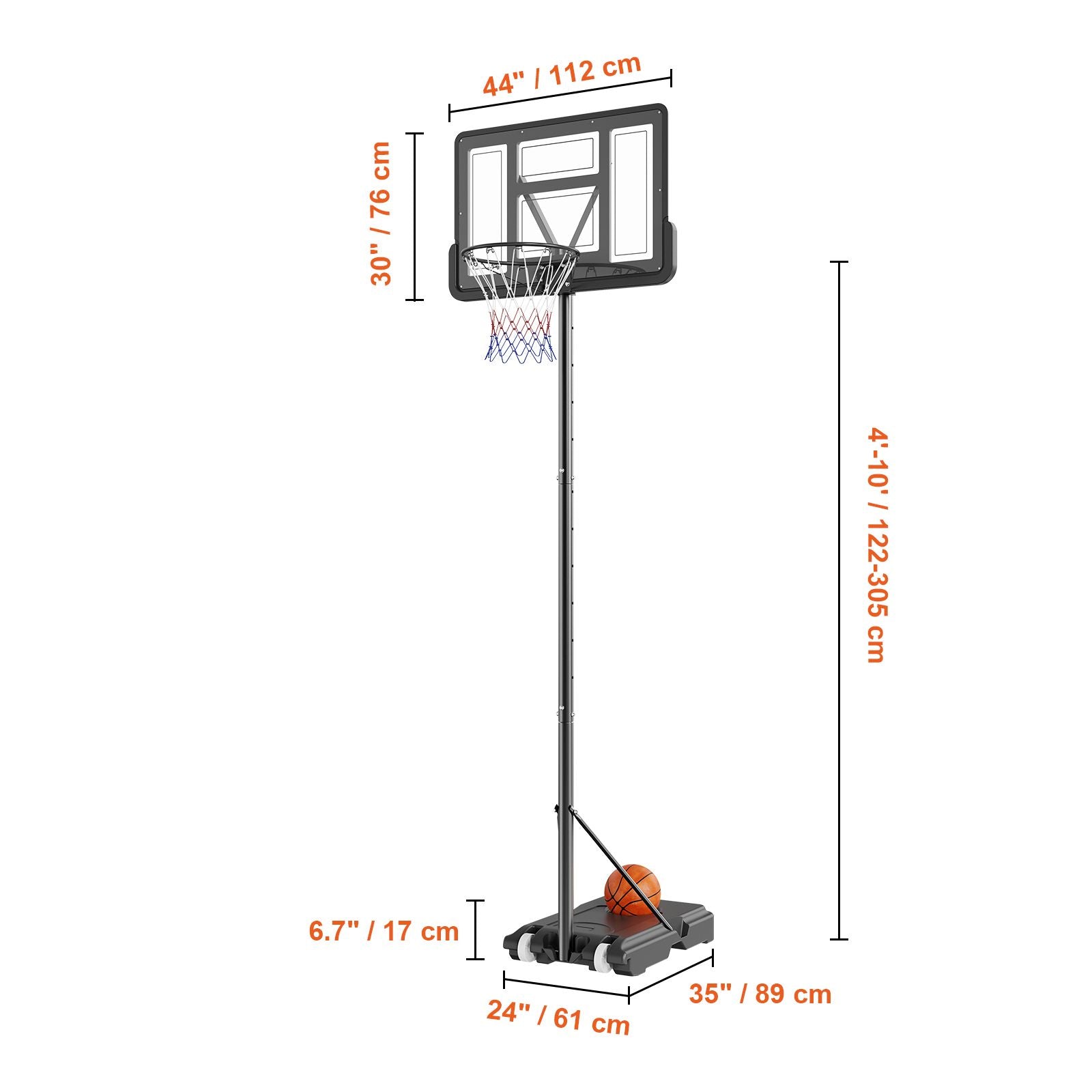 Basketball Hoop, 4-10 ft Adjustable Height Portable Backboard System, 44 inch Basketball Hoop & Goal, Kids & Adults Basketball Set with Wheels, Stand, and Fillable Base, for Outdoor/Indoor