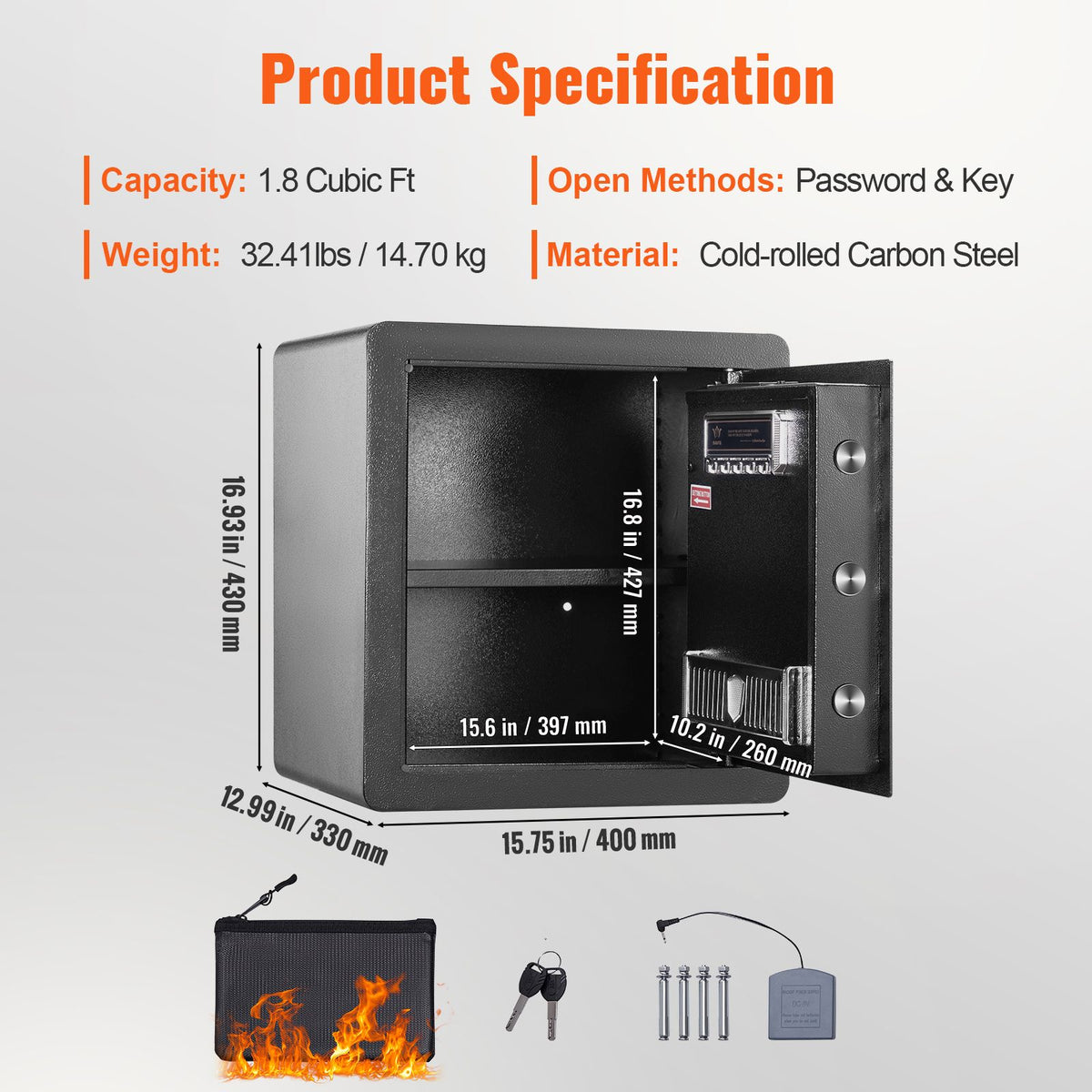 1.8 Cu Ft Home Safe Steel Box for Cash and Gold Dual Lock 15.75in Model