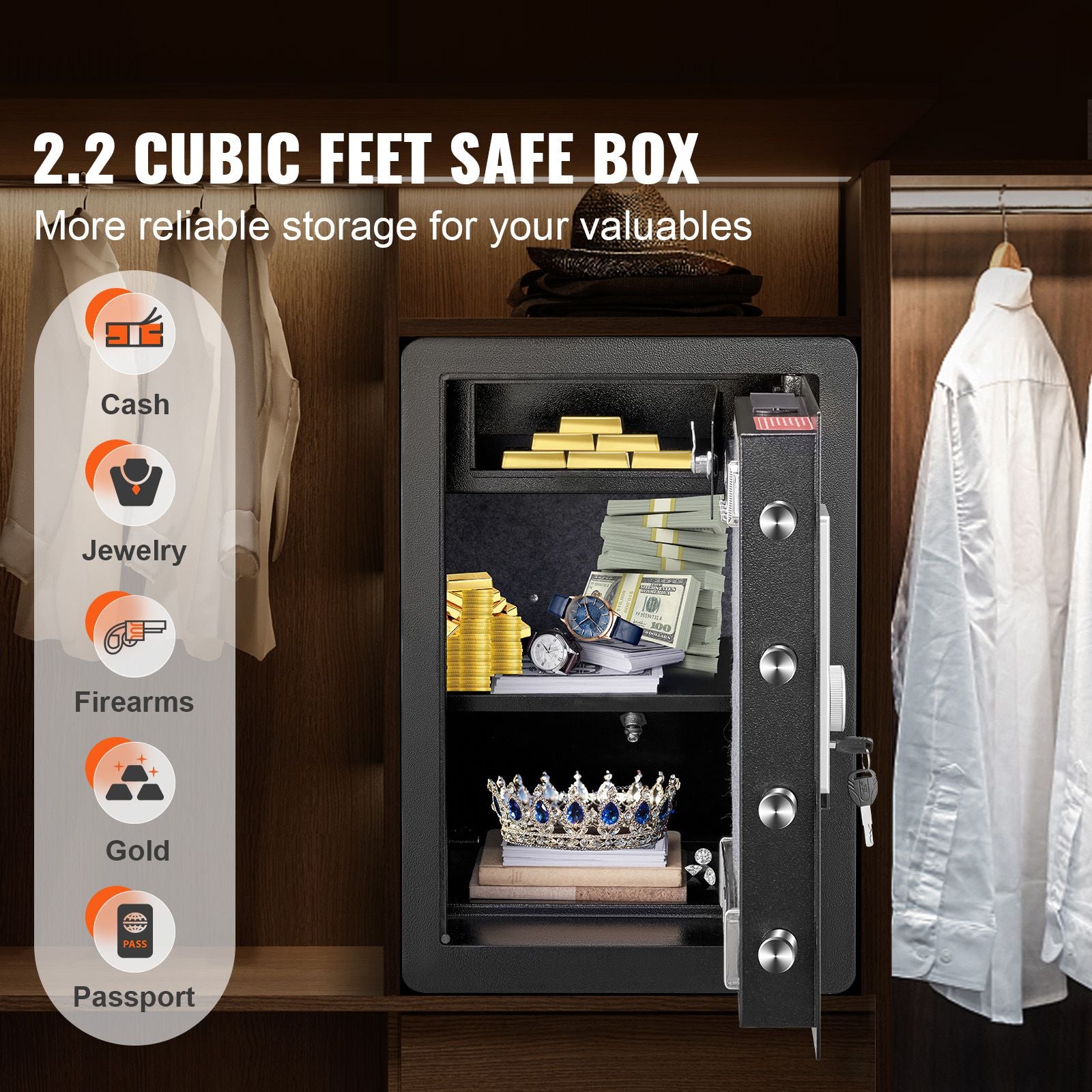 Safe 2.2 Cubic Feet Home Safe Steel for Cash Gold 15.75x13x23.6 inch