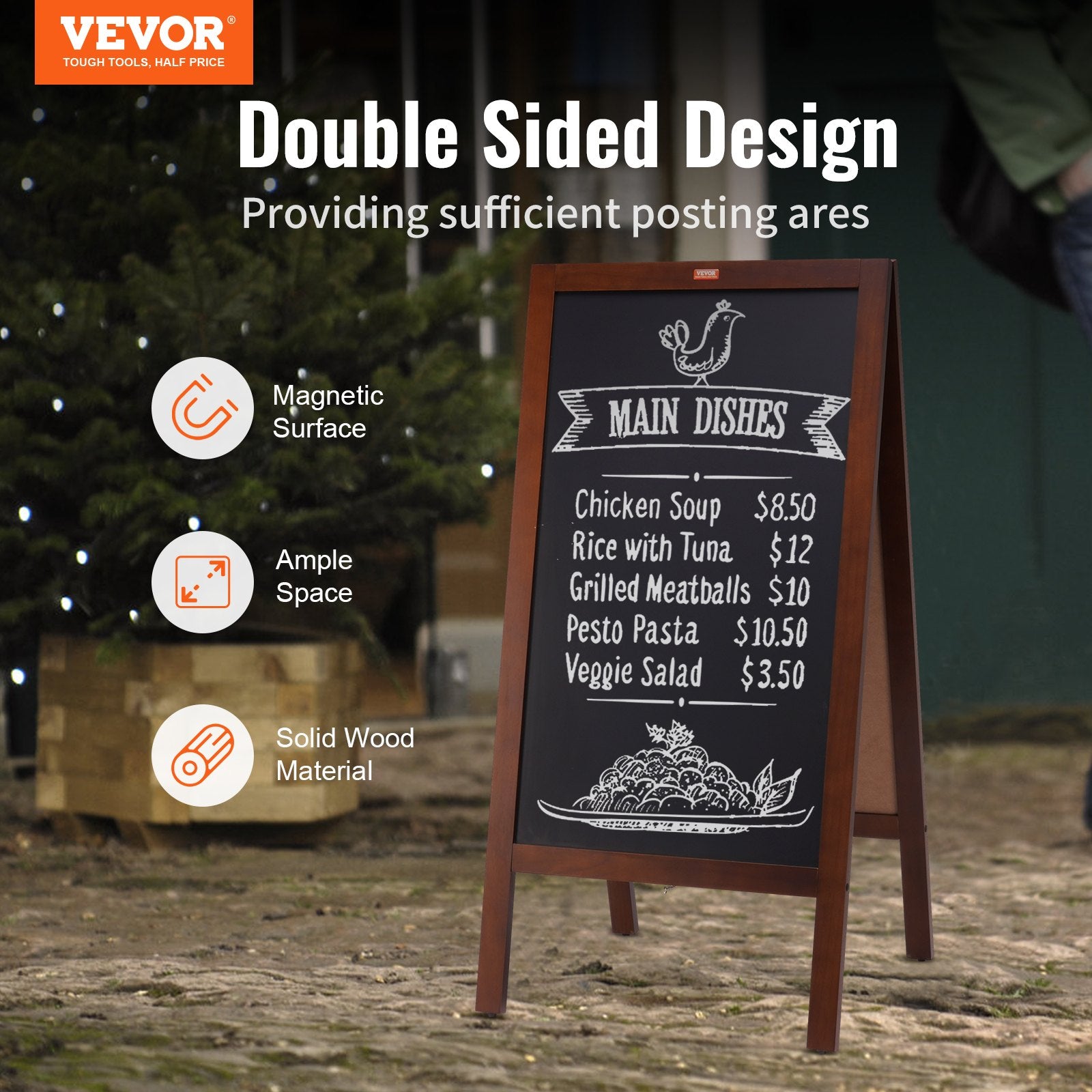 VEOVR A Frame Chalkboard Sign, 50x102 cm Double-Sided Sidewalk Signs, Freestanding Vintage Wooden Chalk Board with Chalks & Magnetic Eraser, Rustic Brown Outdoor Sandwich Board Kitchen Home Wedding