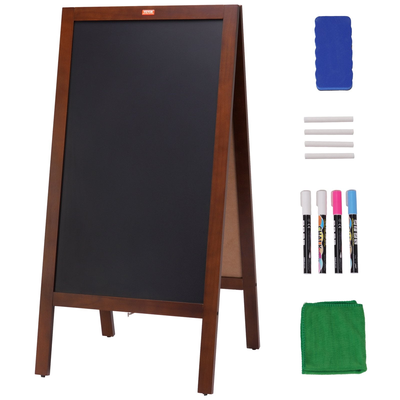 VEOVR A Frame Chalkboard Sign, 50x102 cm Double-Sided Sidewalk Signs, Freestanding Vintage Wooden Chalk Board with Chalks & Magnetic Eraser, Rustic Brown Outdoor Sandwich Board Kitchen Home Wedding