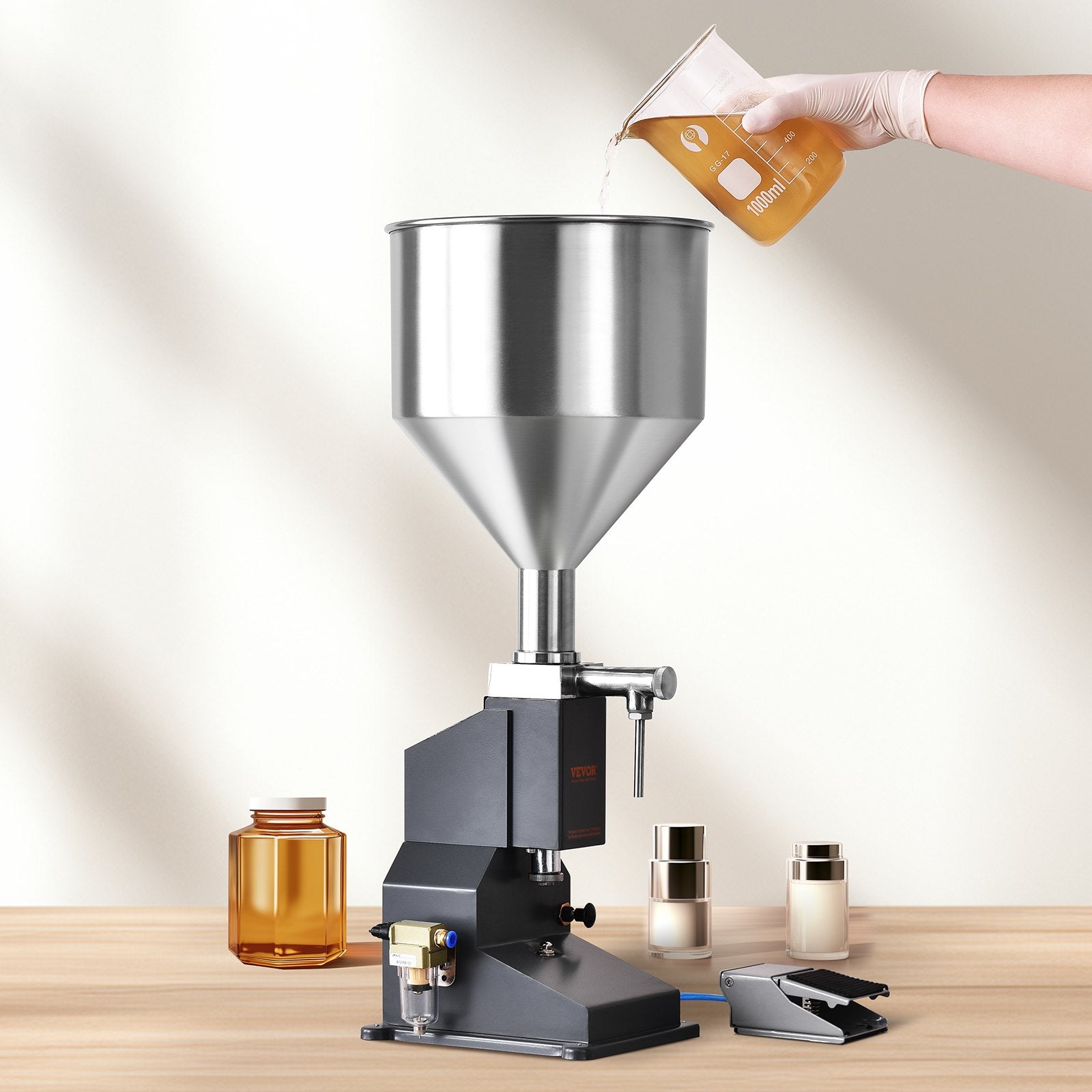 Pneumatic Paste Liquid Filling Machine, 5-50ml Bottle Filler, Bottle Filling Machine, Stainless Steel Liquid Filler with Pedal for Milk Water Juice Essential Oil Shampoo Cosmetic Honey Lotion