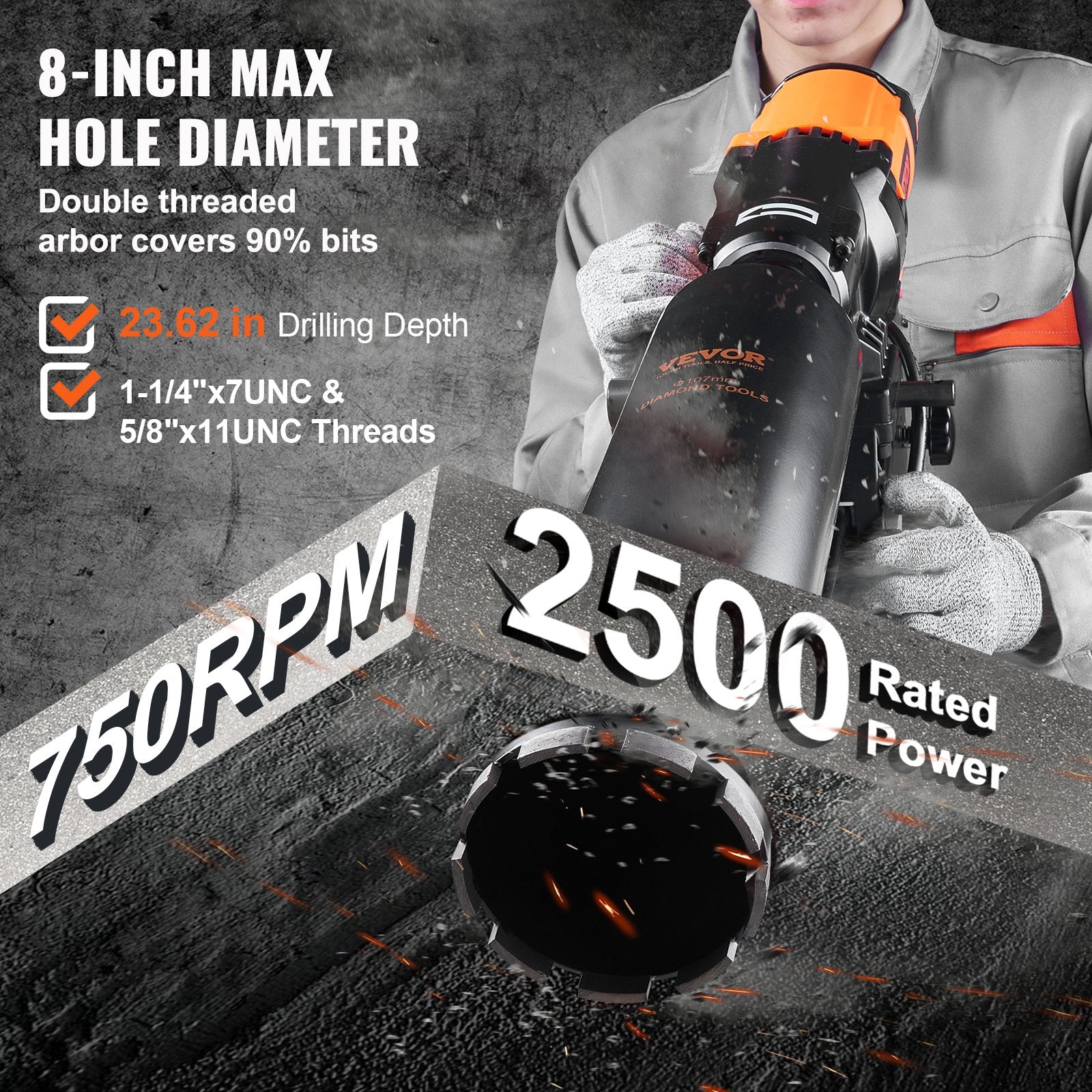 Diamond Core Drilling Machine, 8in Wet&Dry Concrete Core Drill Rig with Stand, 750RPM Speed & 1-1/4