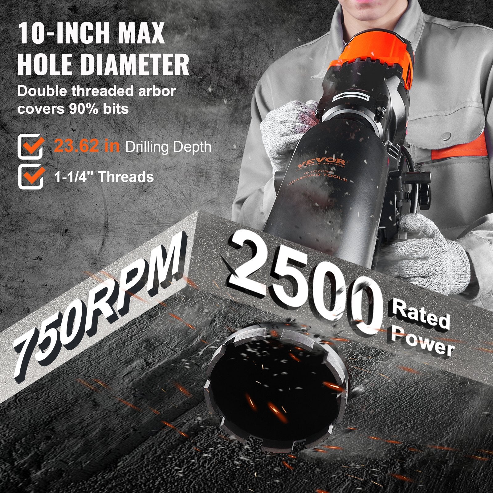 Diamond Core Drilling Machine, 10in Wet Concrete Core Drill Rig with Stand Wheels, 750RPM Speed & 1-1/4