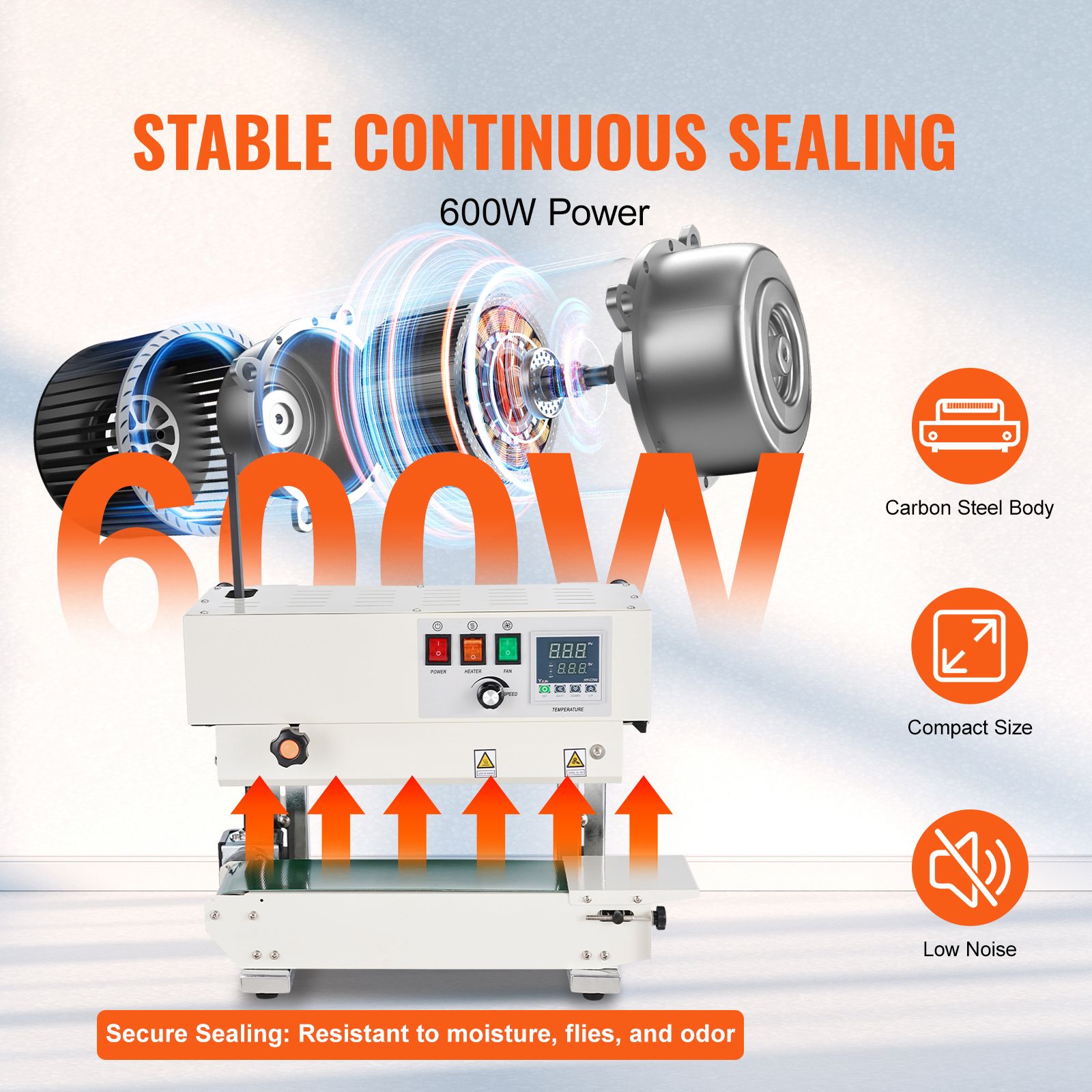 600W Continuous Band Sealer 6-12mm Vertical Bag Sealing Machine Digital Temp