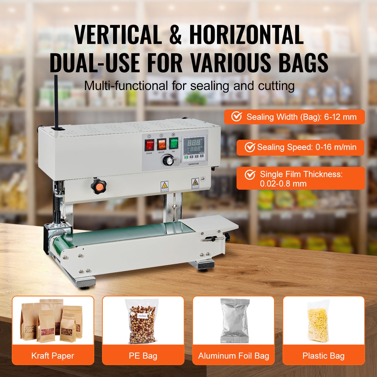 600W Continuous Band Sealer 6-12mm Vertical Bag Sealing Machine Digital Temp