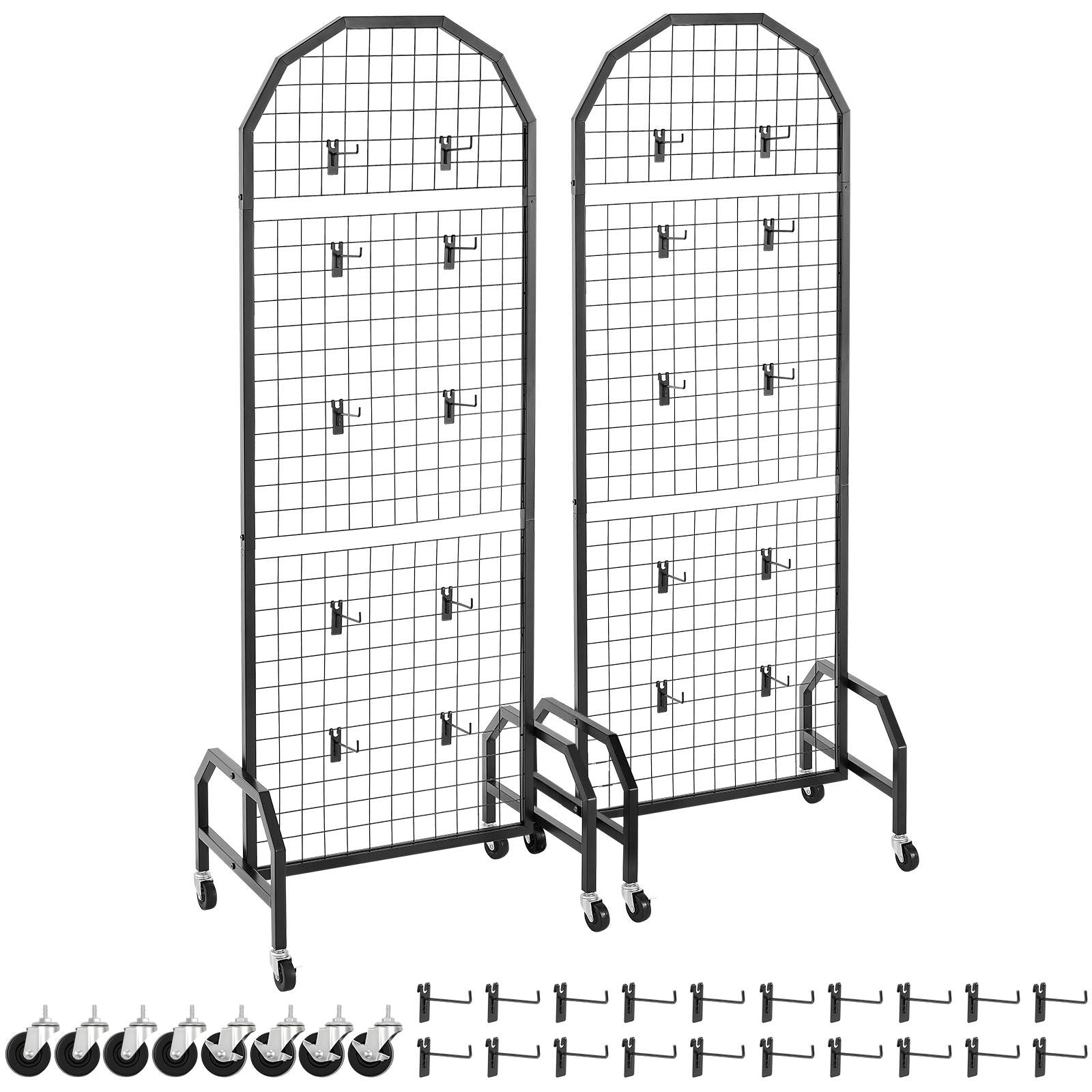 2 Pack Grid Wall Panels with Wheels & 20 Hooks Display Rack 600x1640mm