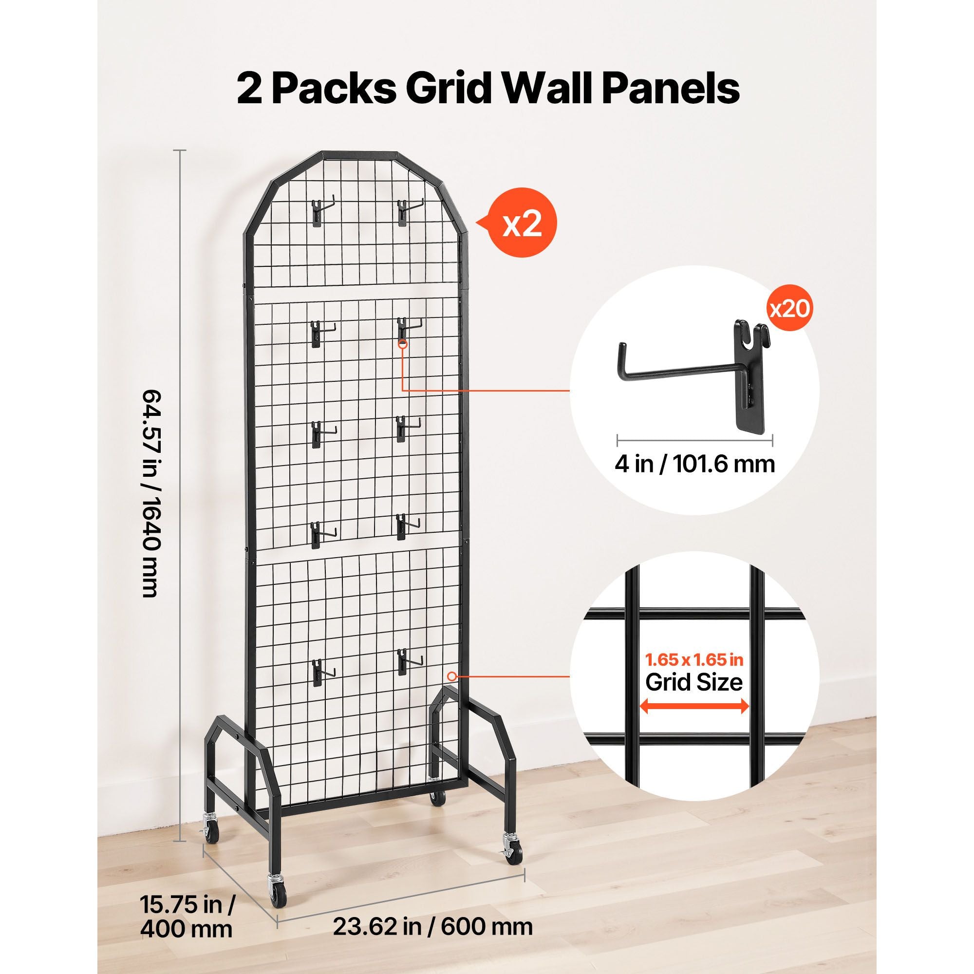 2 Pack Grid Wall Panels with Wheels & 20 Hooks Display Rack 600x1640mm