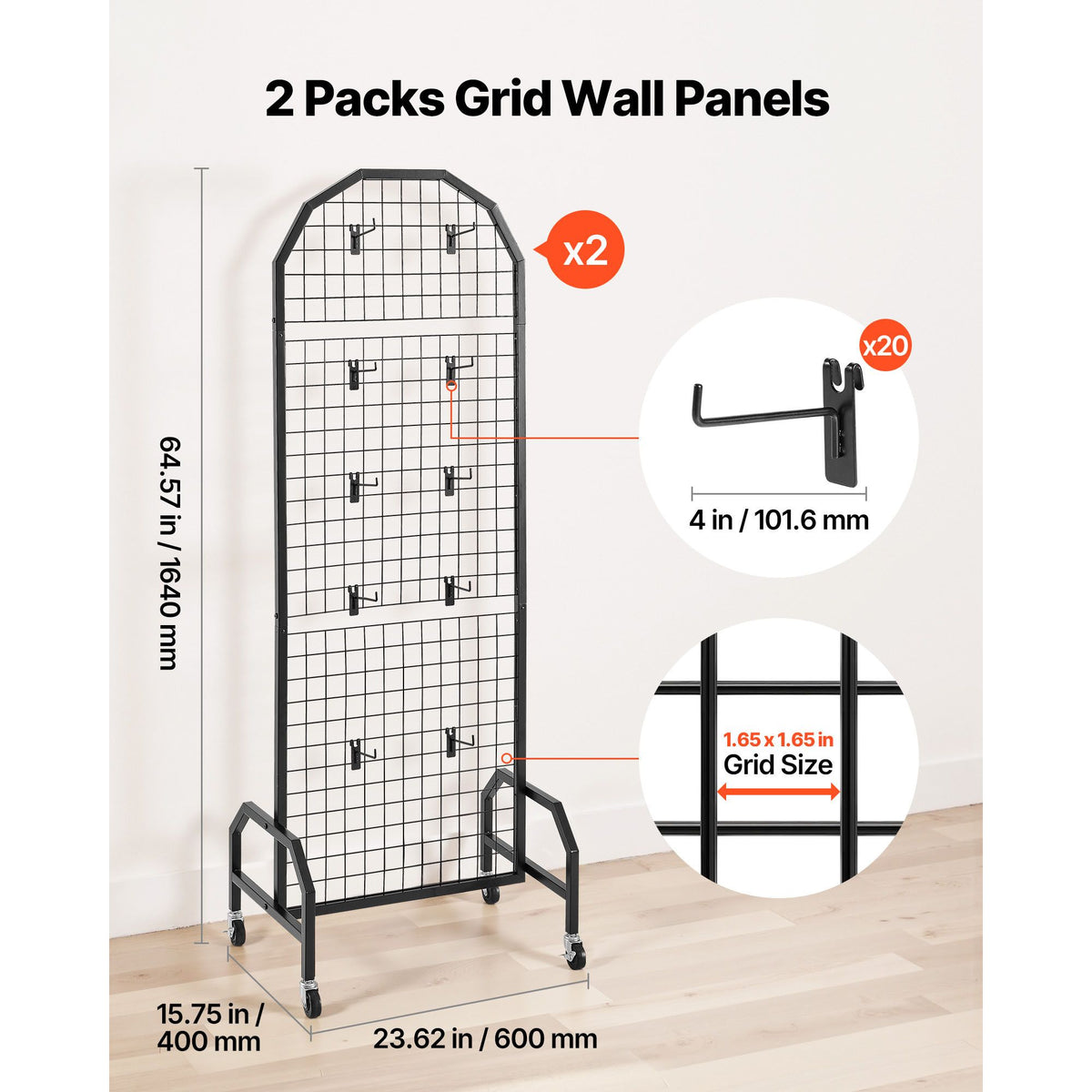 2 Pack Grid Wall Panels with Wheels & 20 Hooks Display Rack 600x1640mm