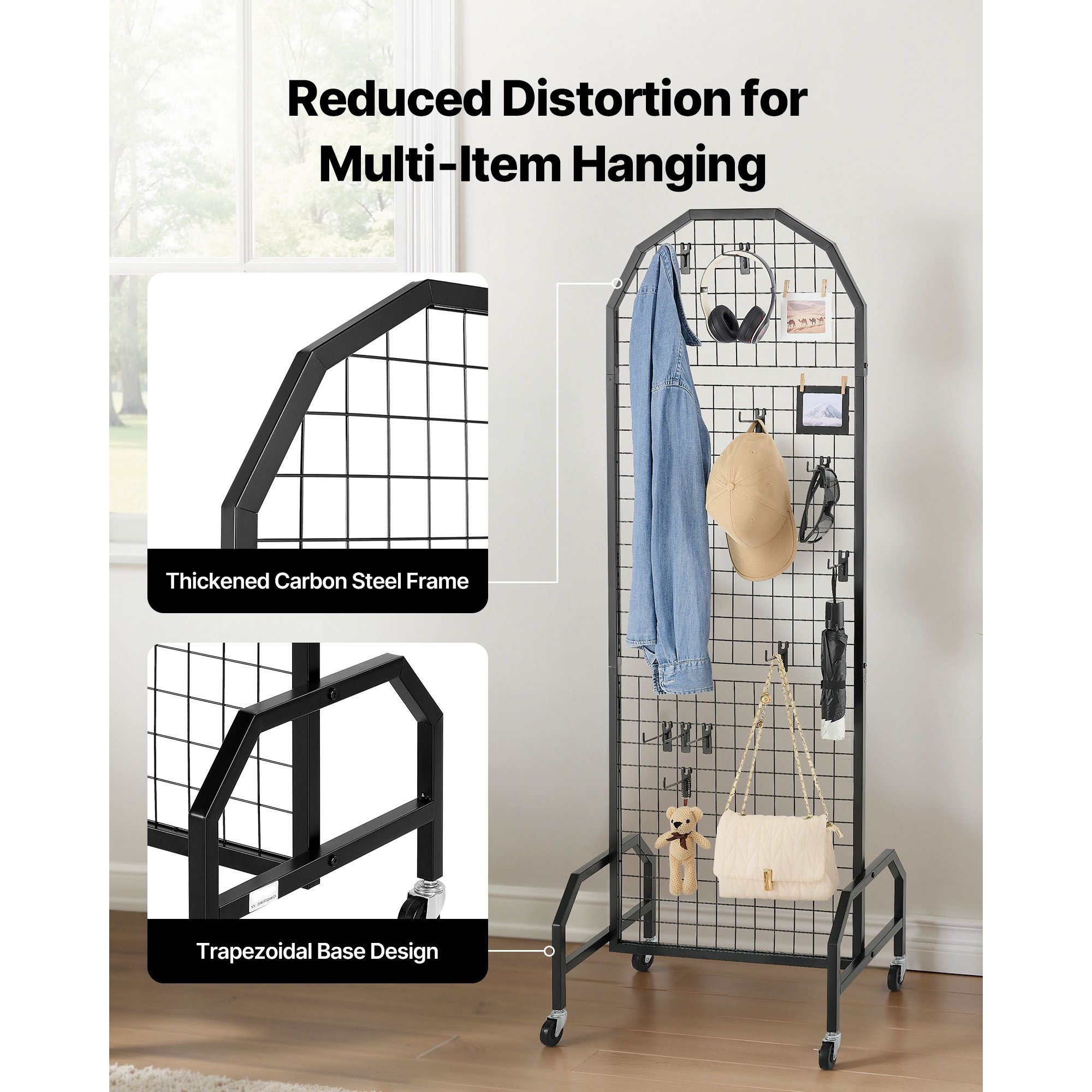 2 Pack Grid Wall Panels with Wheels & 20 Hooks Display Rack 600x1640mm