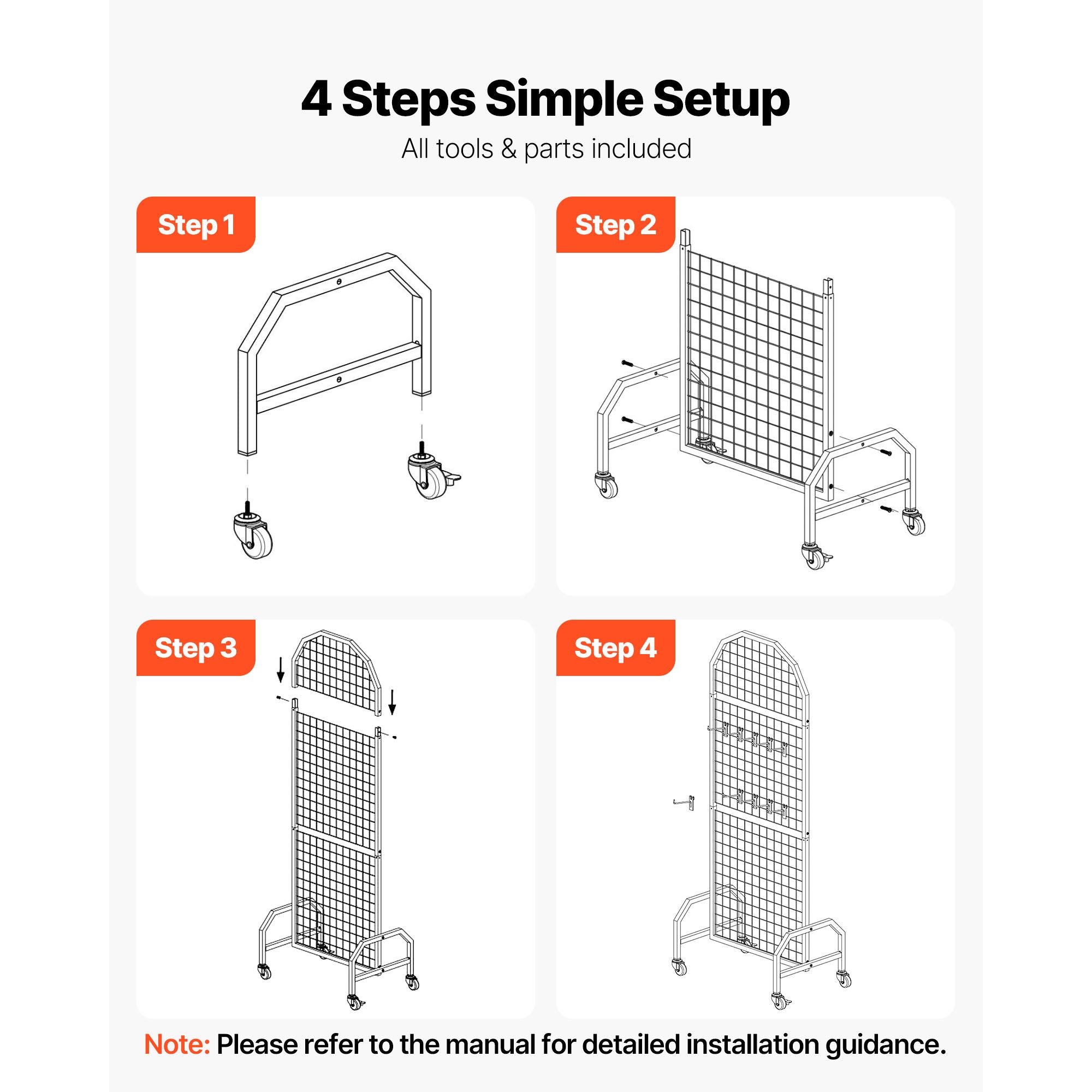 2 Pack Grid Wall Panels with Wheels & 20 Hooks Display Rack 600x1640mm