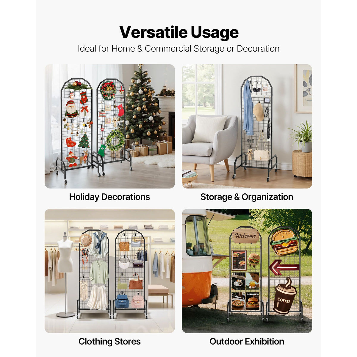 2 Pack Grid Wall Panels with Wheels & 20 Hooks Display Rack 600x1640mm