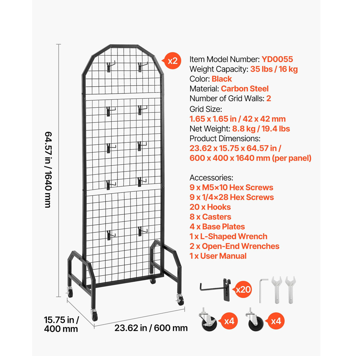 2 Pack Grid Wall Panels with Wheels & 20 Hooks Display Rack 600x1640mm