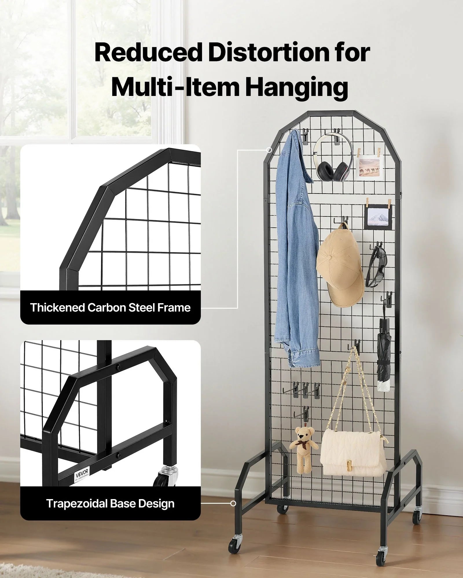 2 Packs Grid Wall Panels, 600 x 1640mm Wire Grid Panels Display Rack, Movable Art Display Shelf with Wheels and 20 Hooks, Black Carbon Steel Gridwall for Craft Show, Decor, Storage, Notice Board