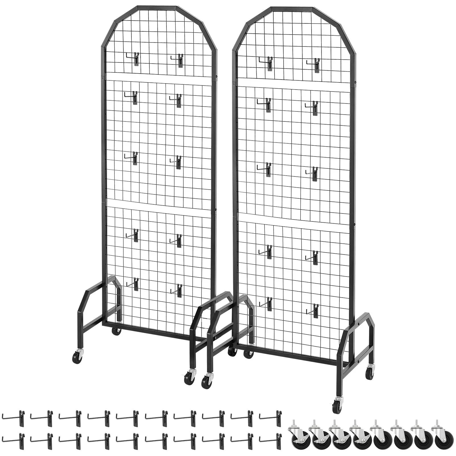 2 Packs Grid Wall Panels, 600 x 1640mm Wire Grid Panels Display Rack, Movable Art Display Shelf with Wheels and 20 Hooks, Black Carbon Steel Gridwall for Craft Show, Decor, Storage, Notice Board