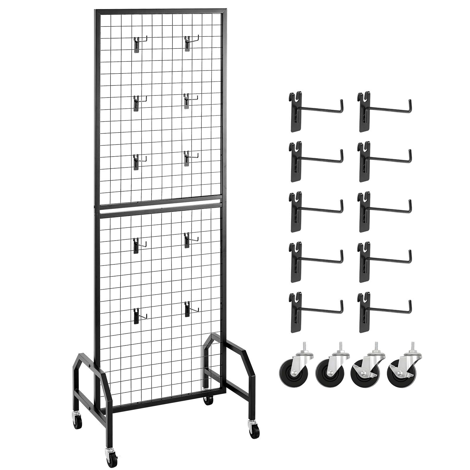 600x1640mm Grid Wall Panel Display Rack with Wheels Hooks Black Steel