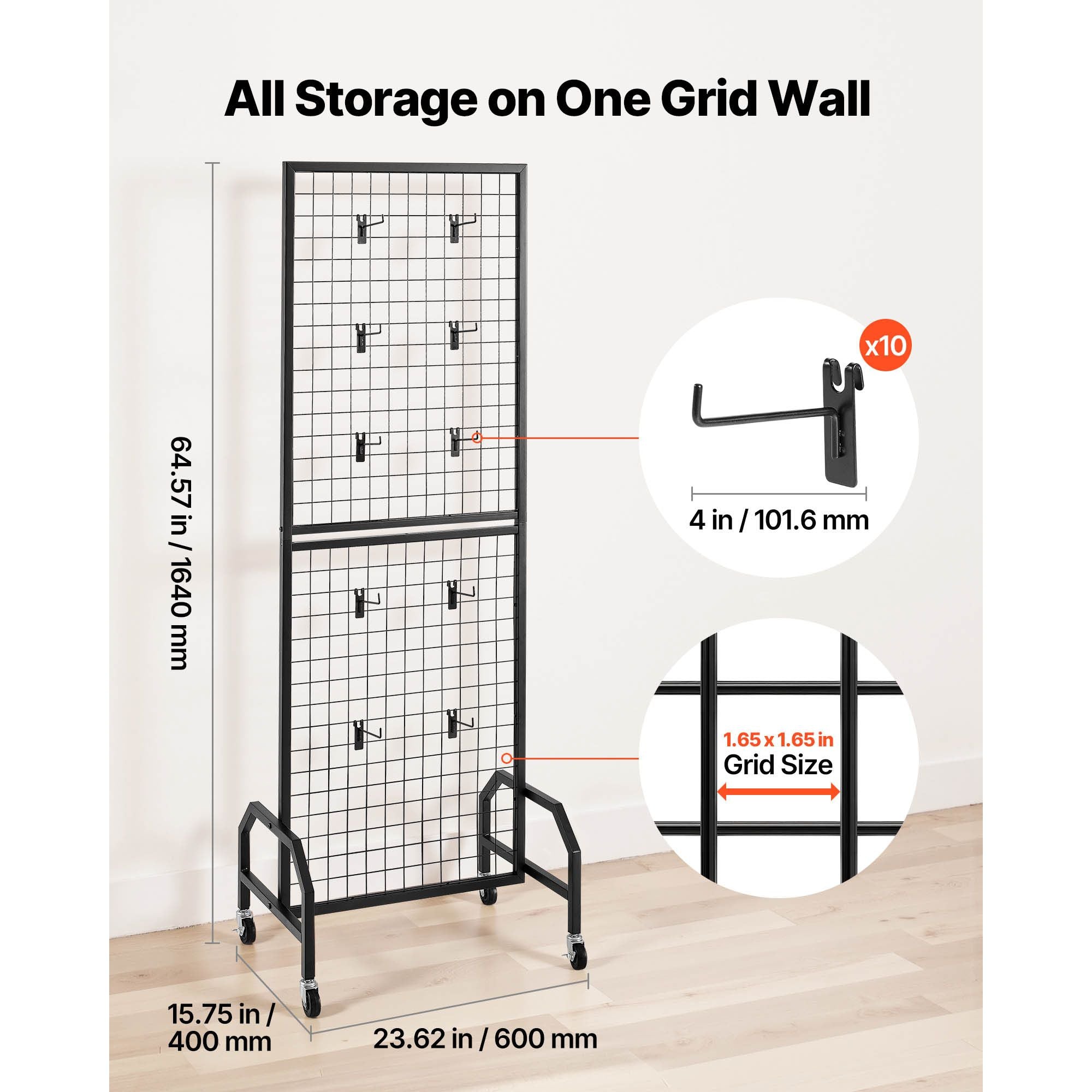 600x1640mm Grid Wall Panel Display Rack with Wheels Hooks Black Steel