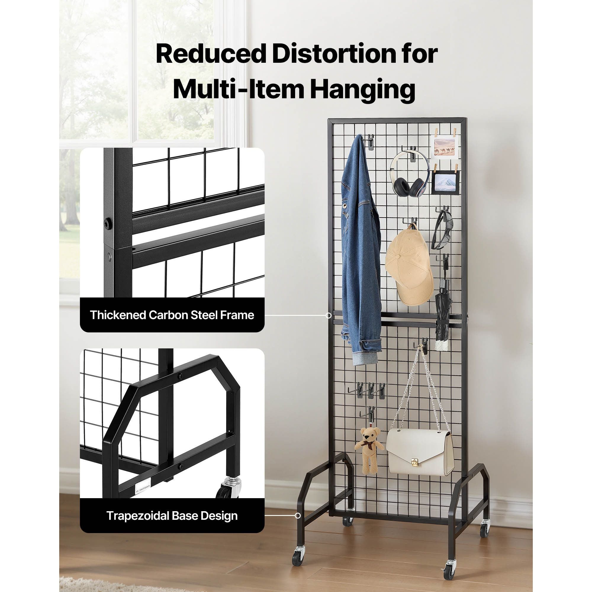 600x1640mm Grid Wall Panel Display Rack with Wheels Hooks Black Steel