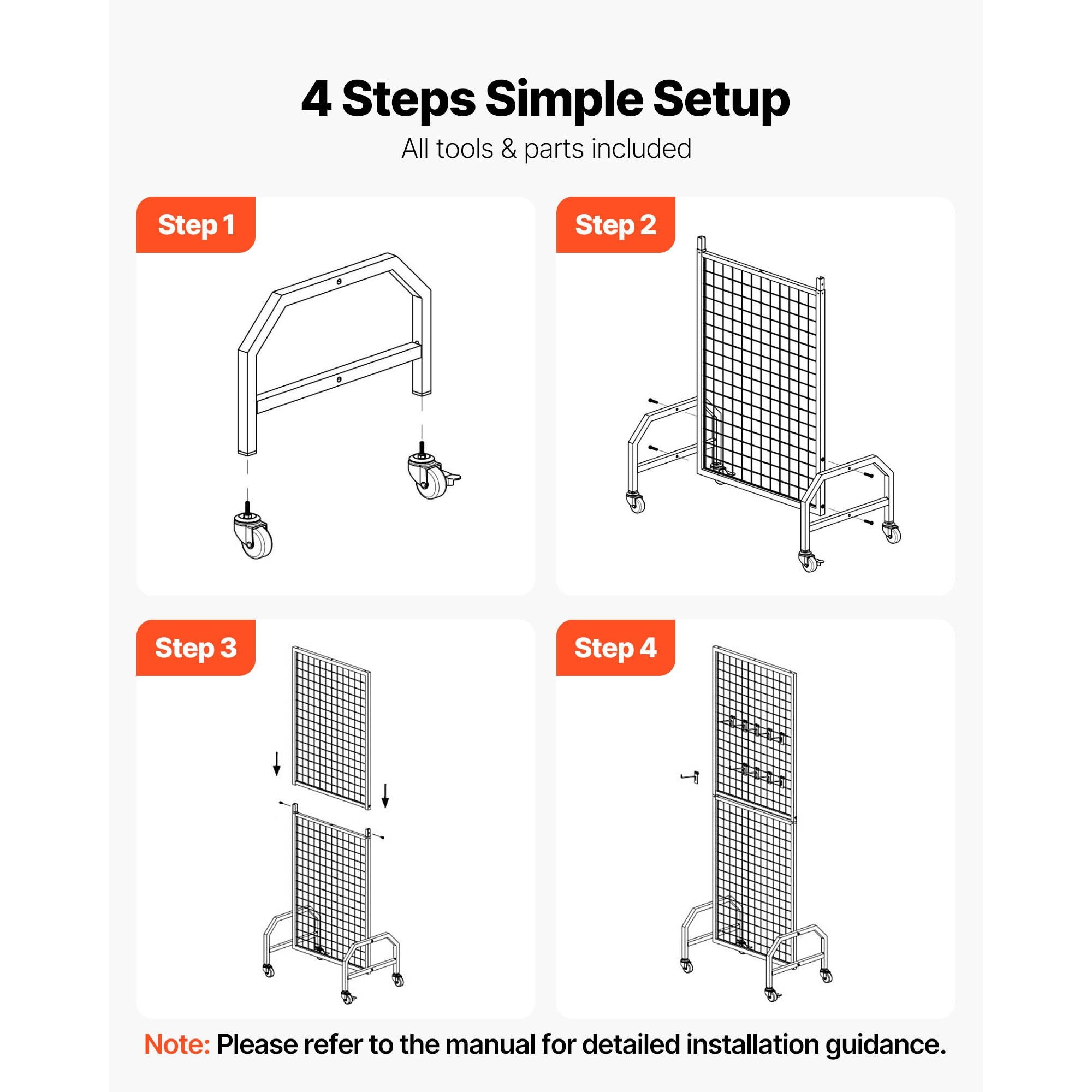 600x1640mm Grid Wall Panel Display Rack with Wheels Hooks Black Steel