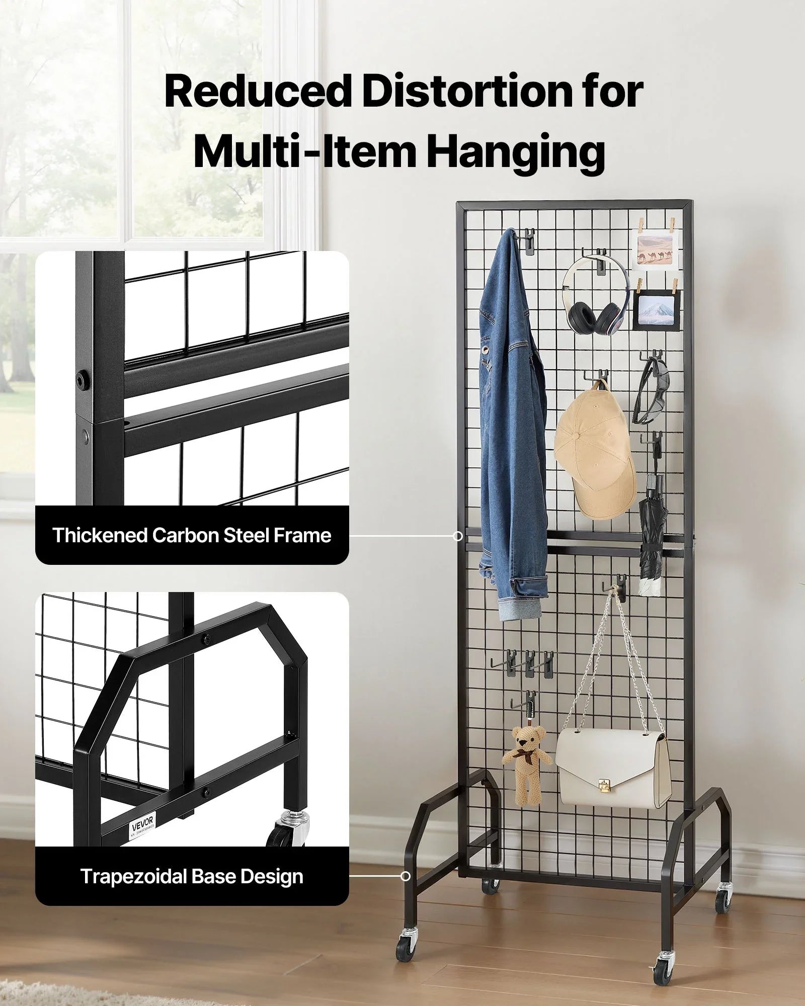 Grid Wall Panel, 600 x 1640 mm Wire Grid Panels Display Rack, Movable Art Display Shelf with Wheels and 10 Hooks, Black Carbon Steel Gridwall for Craft Show, Decoration, Storage, Notice Board