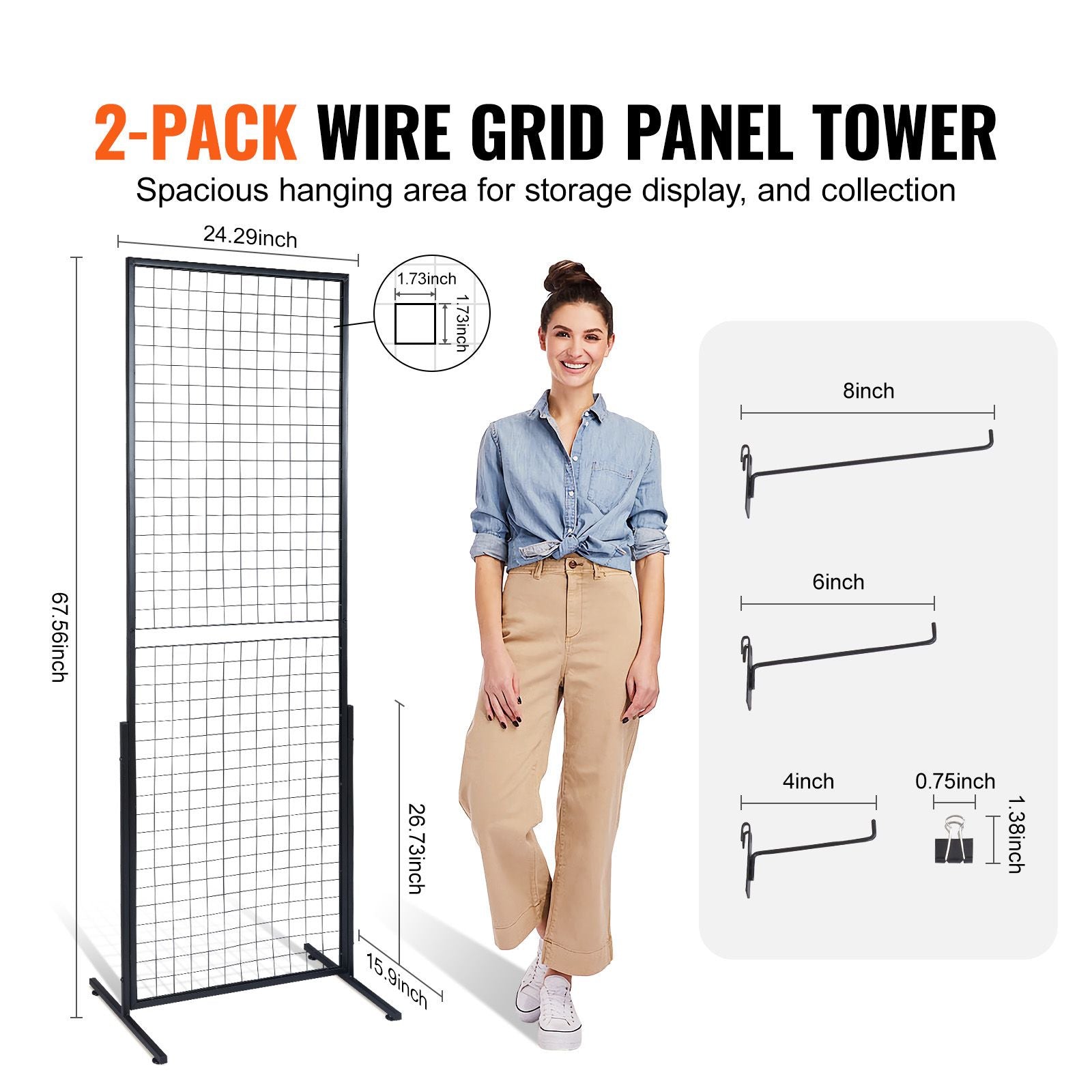 2 Pack Grid Wall Display Panels 2x5.6FT Wire Gridwall Display Rack with Hooks