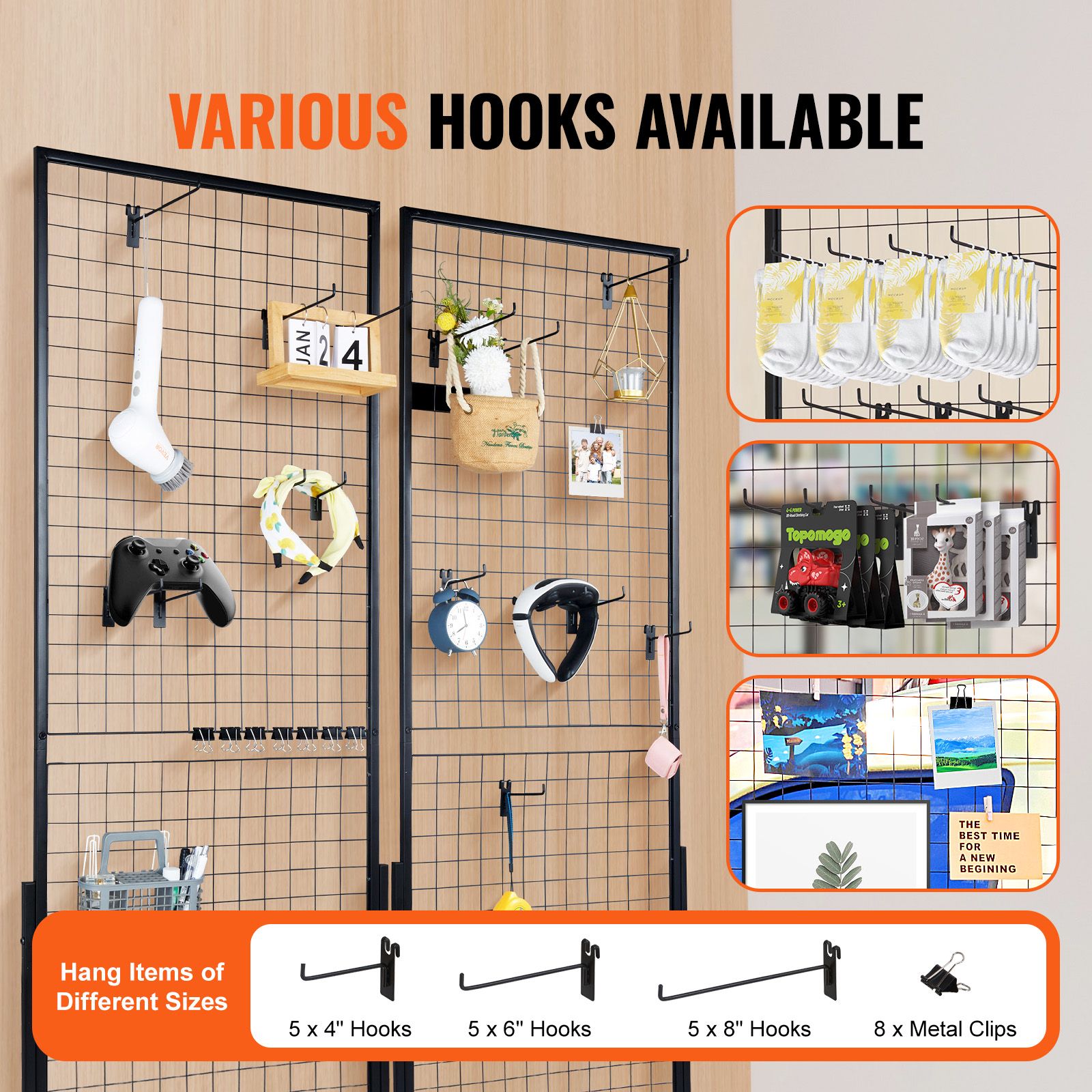 2 Pack Grid Wall Display Panels 2x5.6FT Wire Gridwall Display Rack with Hooks